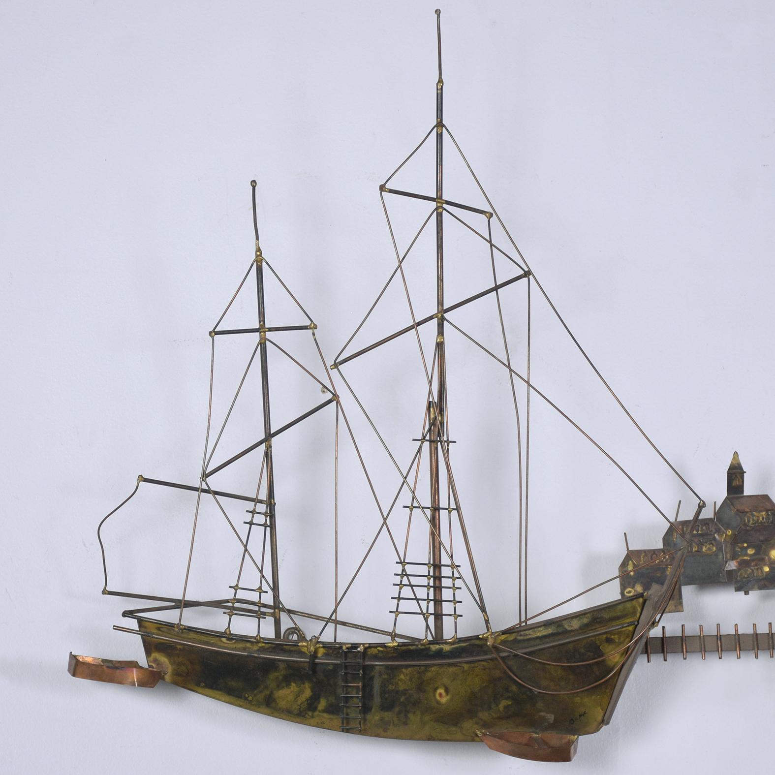 Mid-Century Modern Curtis Jere Signed Brutalist Mid-Century Brass Ship Wall Sculpture For Sale