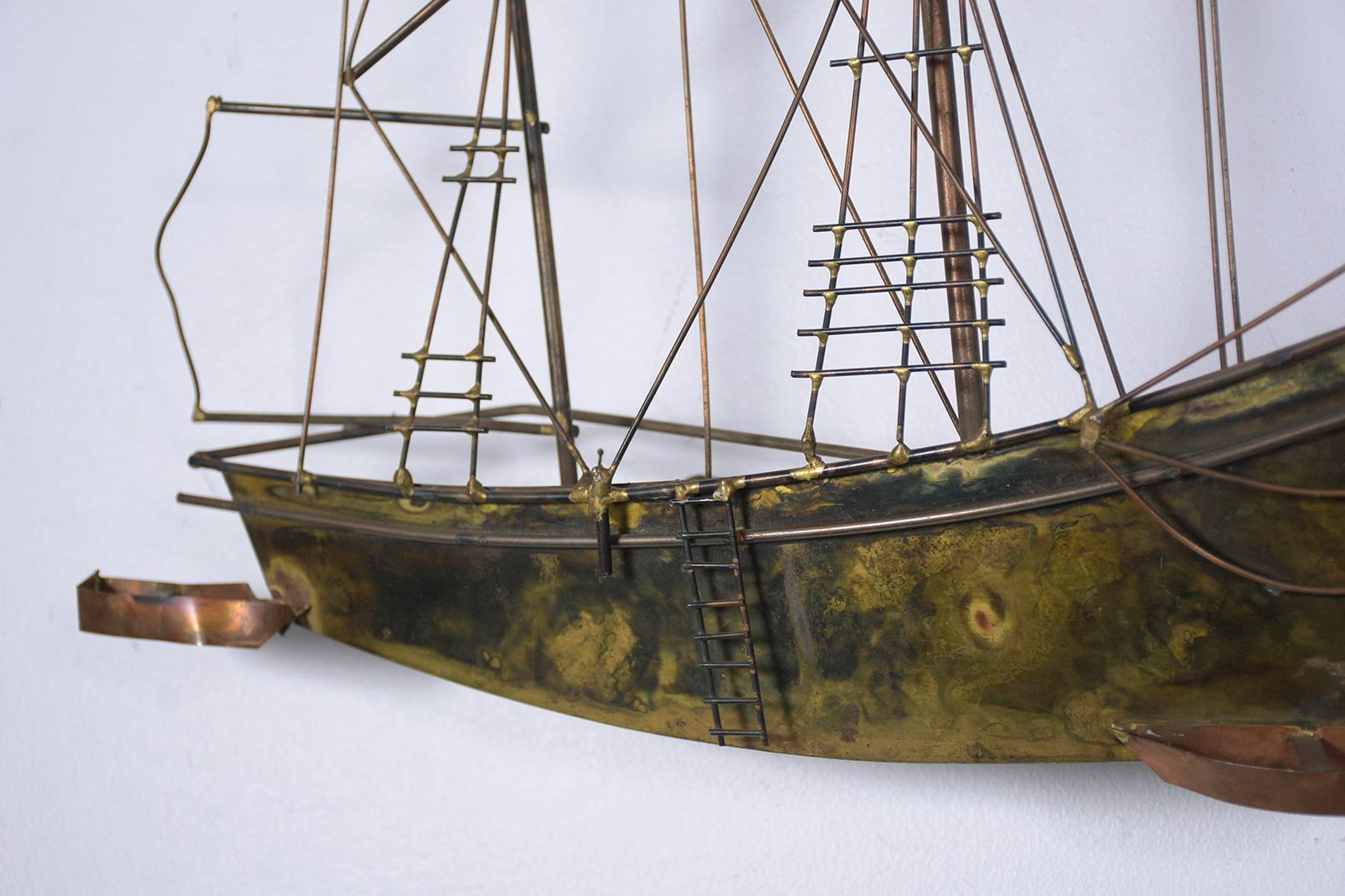 Mid-20th Century Curtis Jere Signed Brutalist Mid-Century Brass Ship Wall Sculpture For Sale