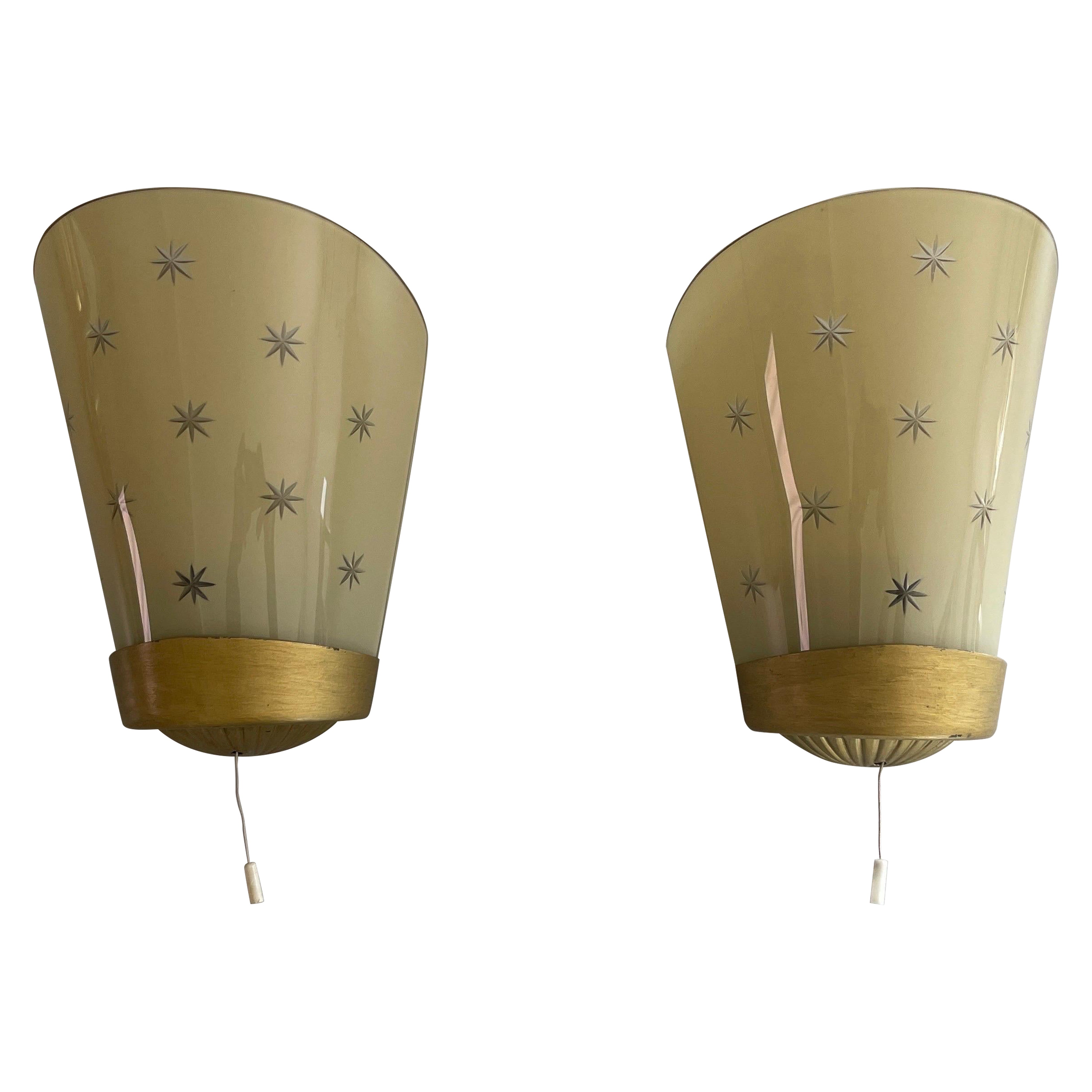 Mid-century Curve Glass with Stars Pair of Sconces, 1950s, Germany For Sale