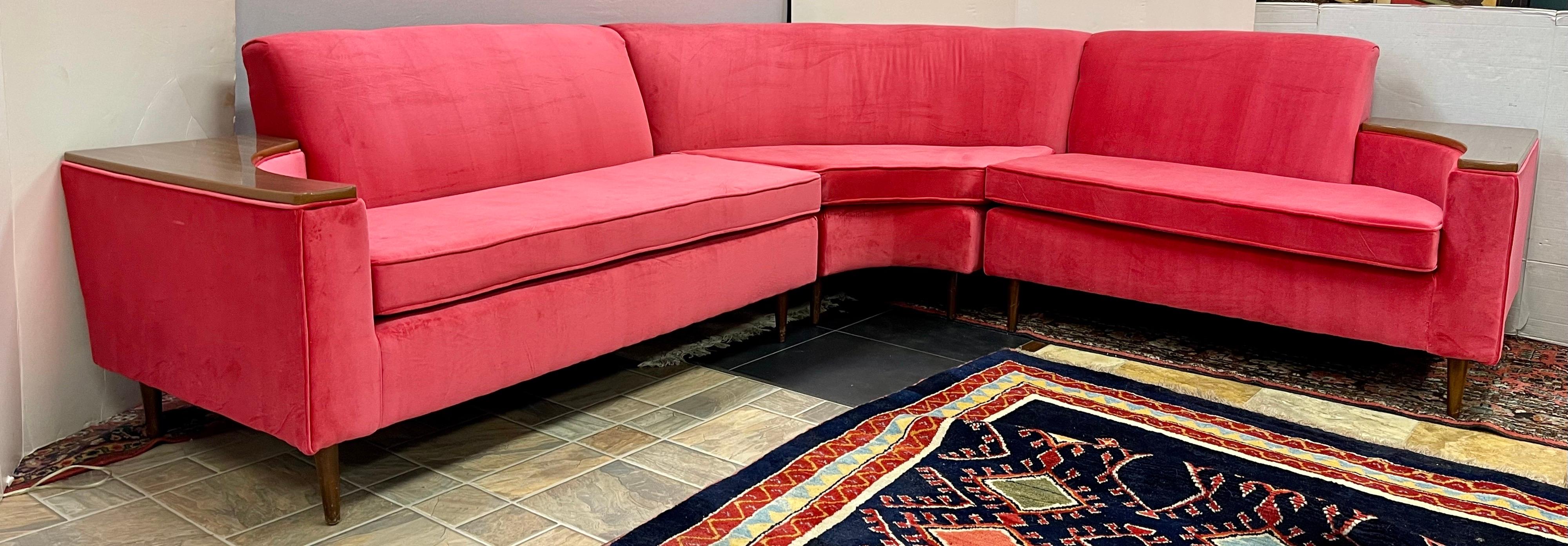 Mid-Century Modern Mid-Century Curved 3-Piece Sectional Sofa w/ Tables Attached All Refurbished