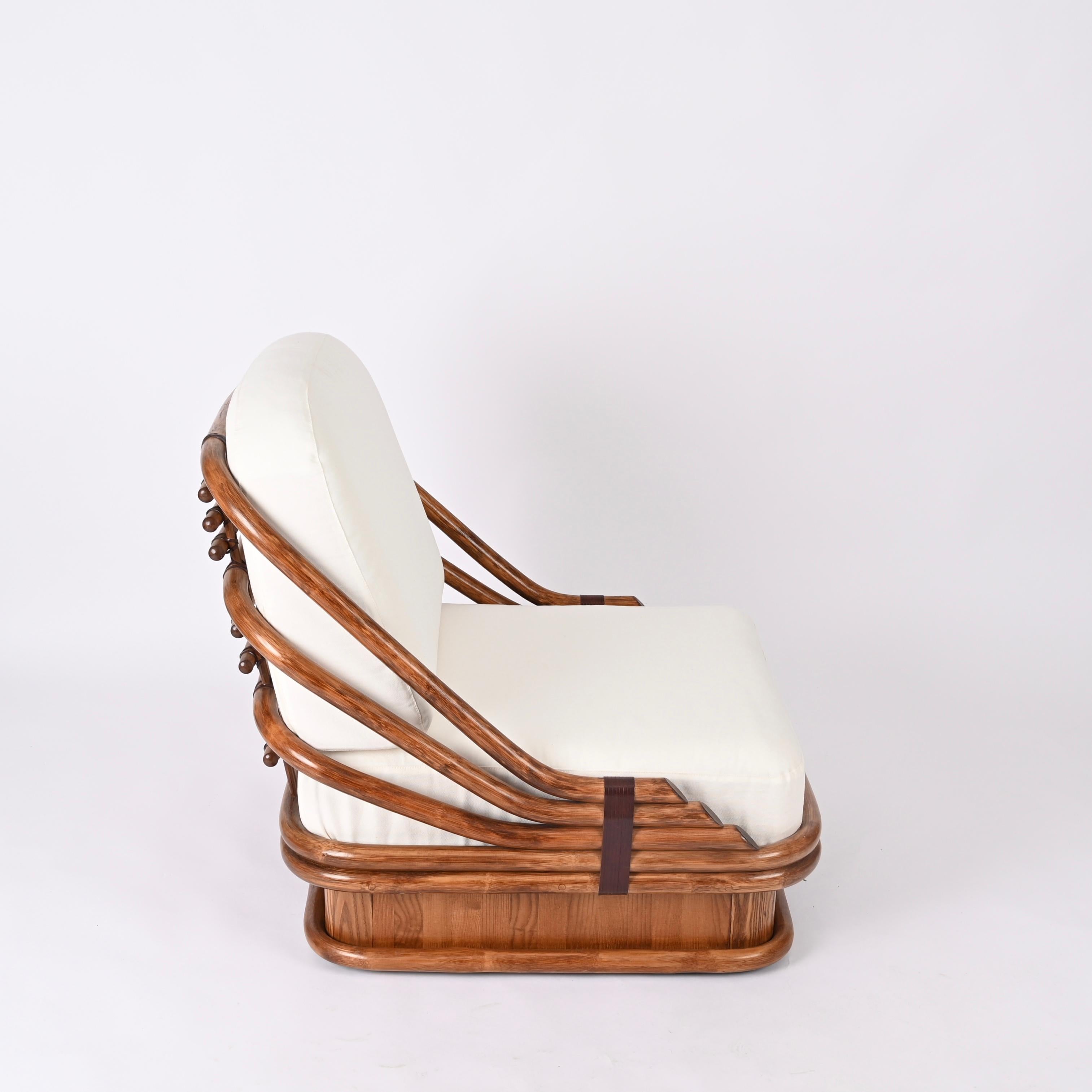Mid-Century Curved Bamboo and Leather Armchair, White Fabric, Italy 1960s For Sale 3