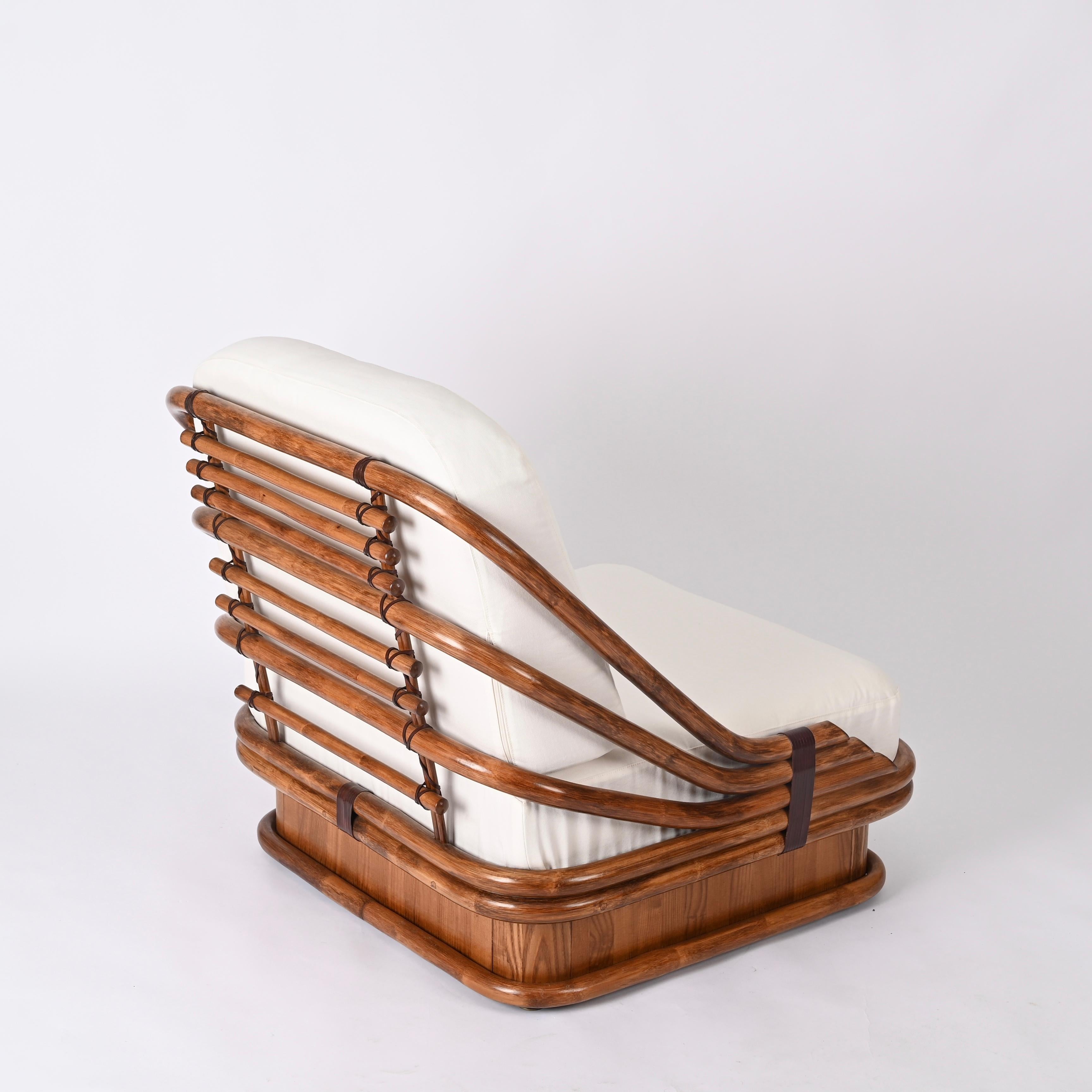 Mid-Century Curved Bamboo and Leather Armchair, White Fabric, Italy 1960s For Sale 5