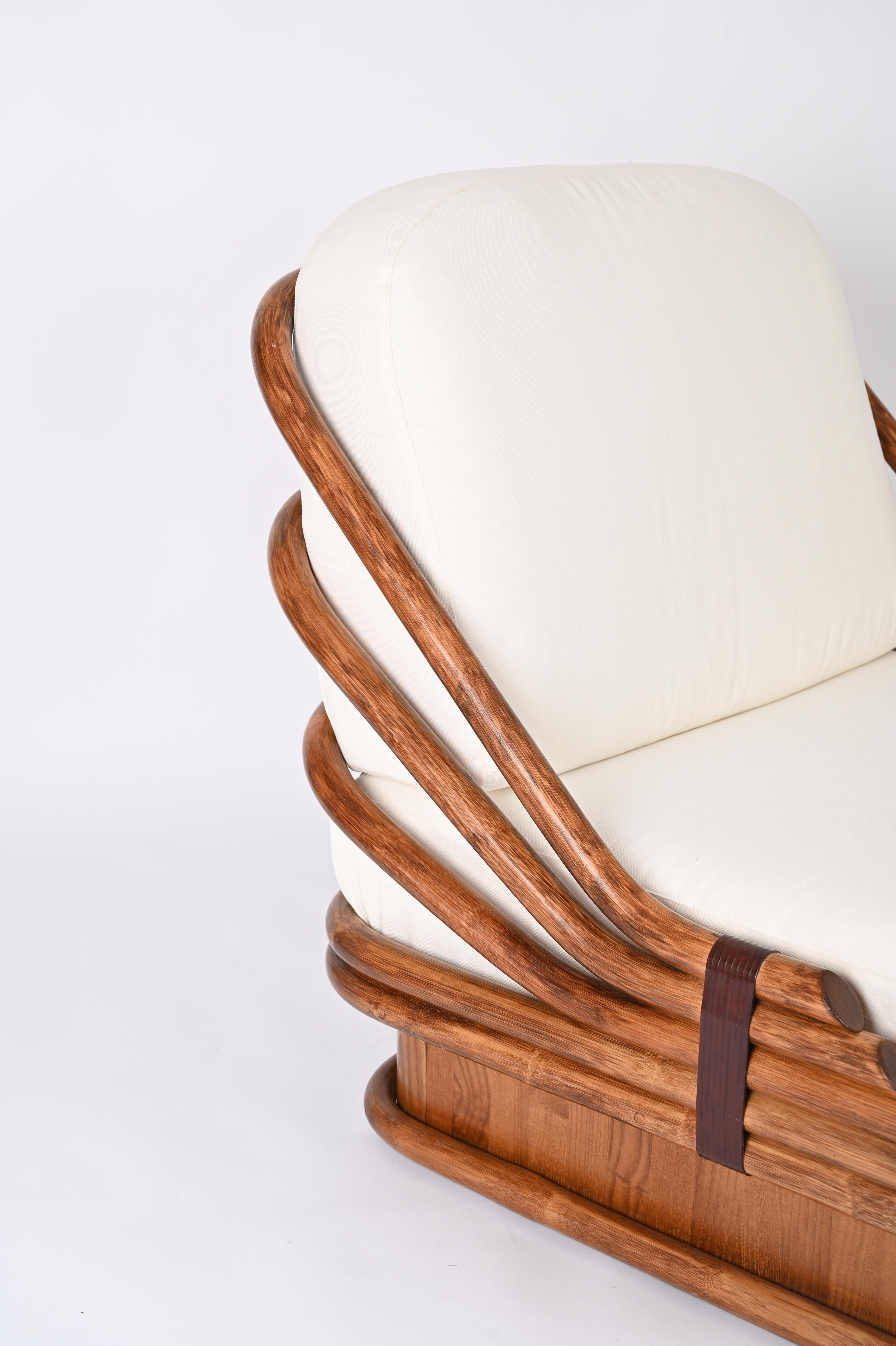 Mid-Century Curved Bamboo and Leather Armchair, White Fabric, Italy 1960s For Sale 9