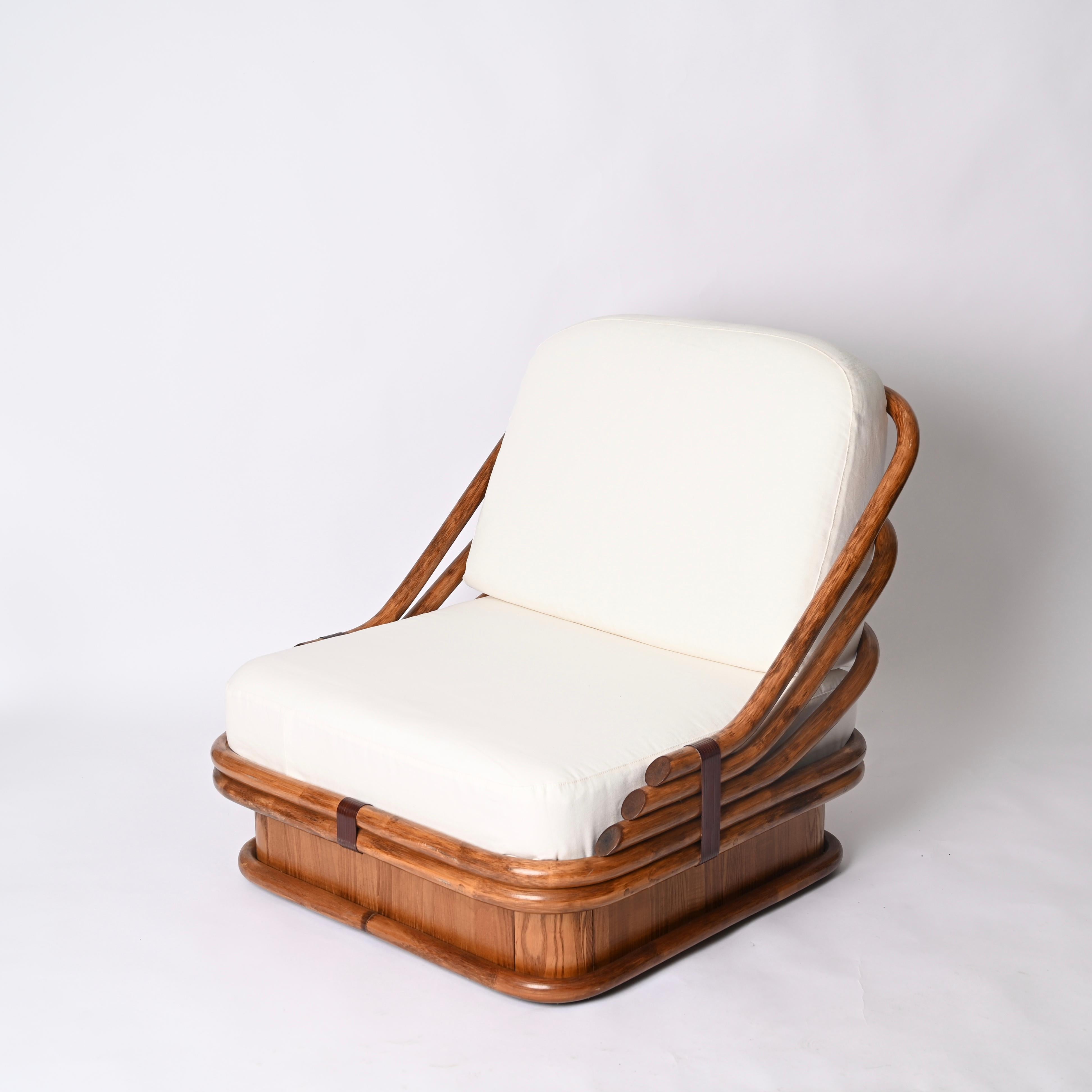 Mid-Century Curved Bamboo and Leather Armchair, White Fabric, Italy 1960s For Sale 11