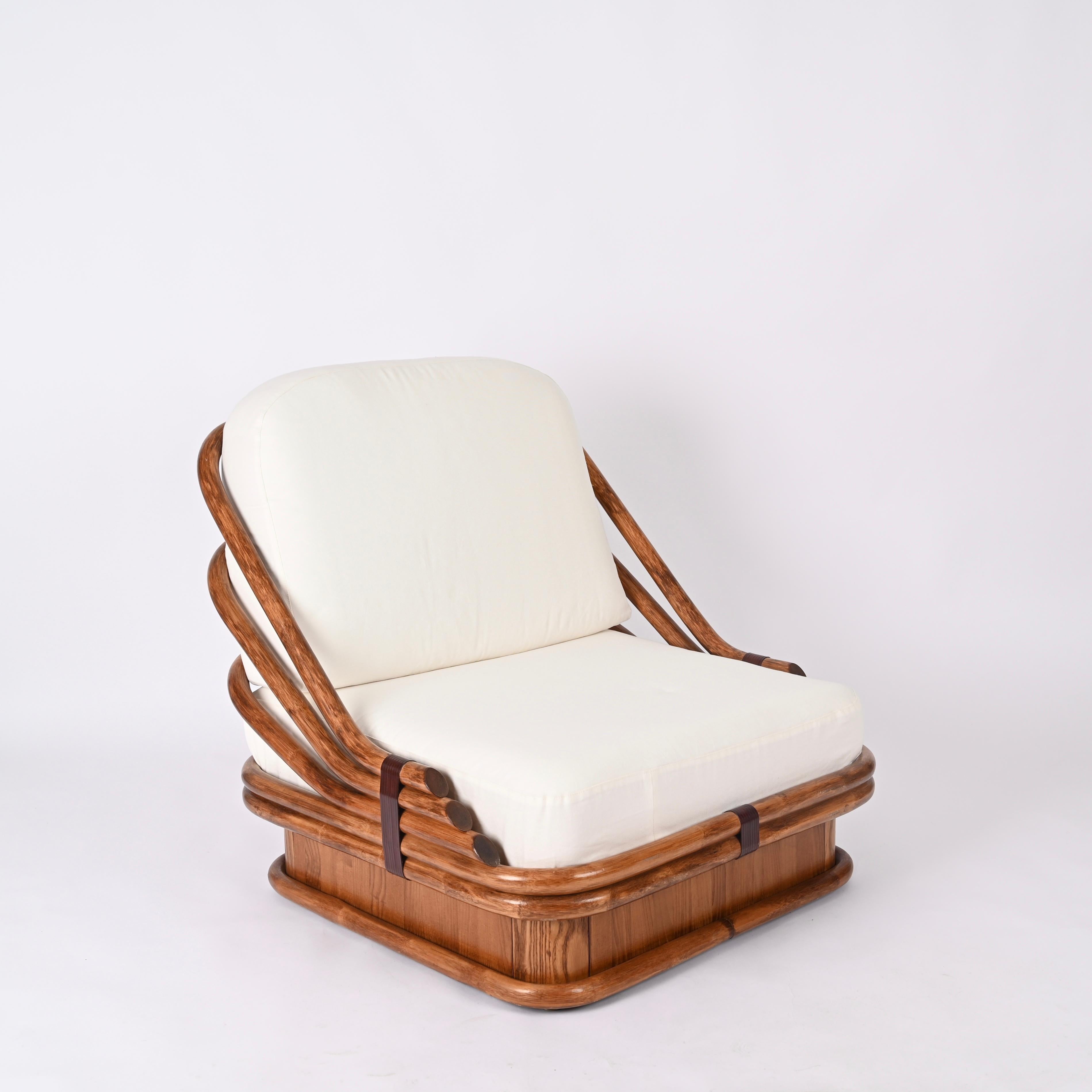 Italian Mid-Century Curved Bamboo and Leather Armchair, White Fabric, Italy 1960s For Sale