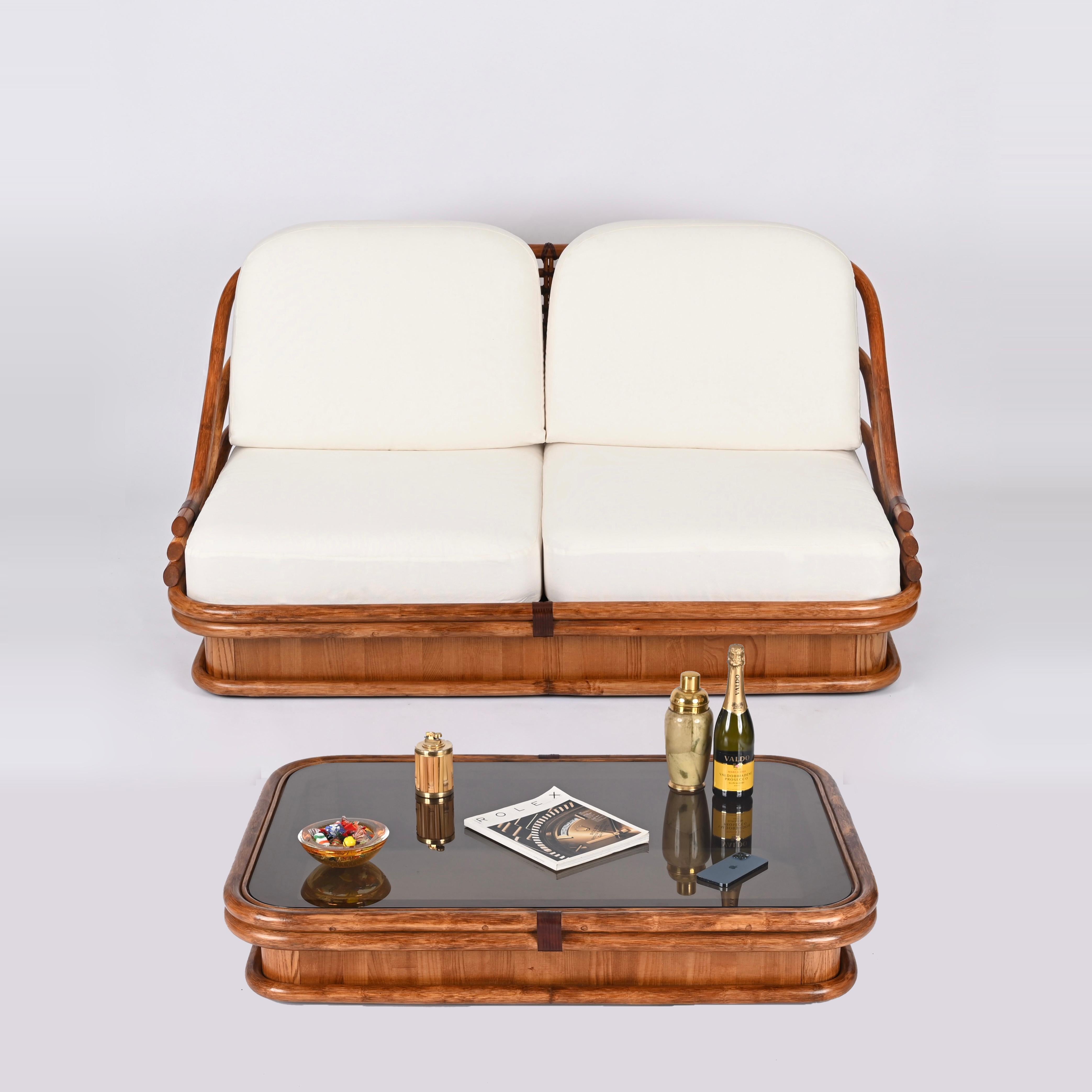 Italienisches Mid-Century-Sofa aus geschwungenem Bambus und Leder mit weißem Stoff mit weißem Stoff, 1960er Jahre im Angebot 8