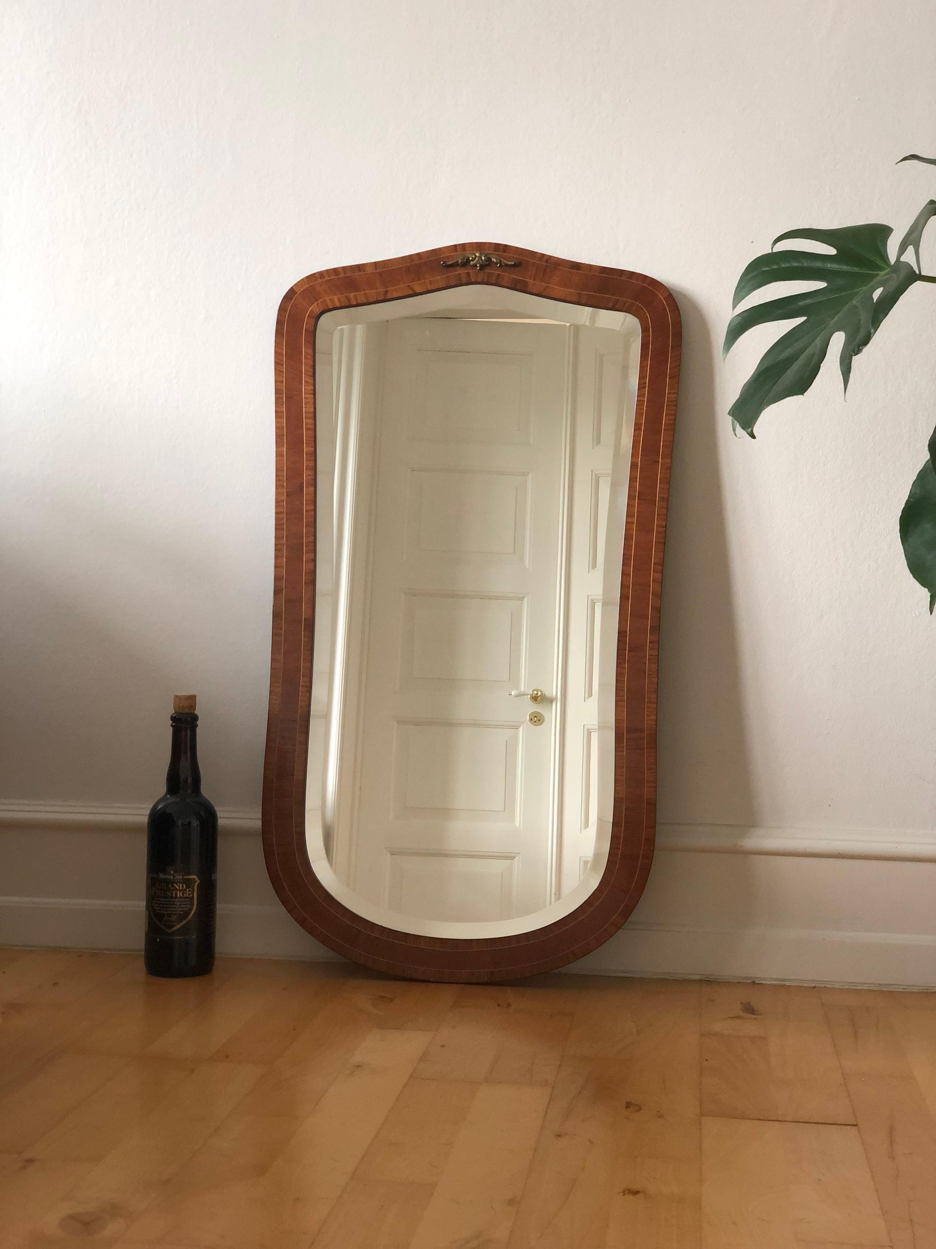 20th Century Mid-Century Curved Bevelled Mirror with Mahogany Veneer Denmark For Sale