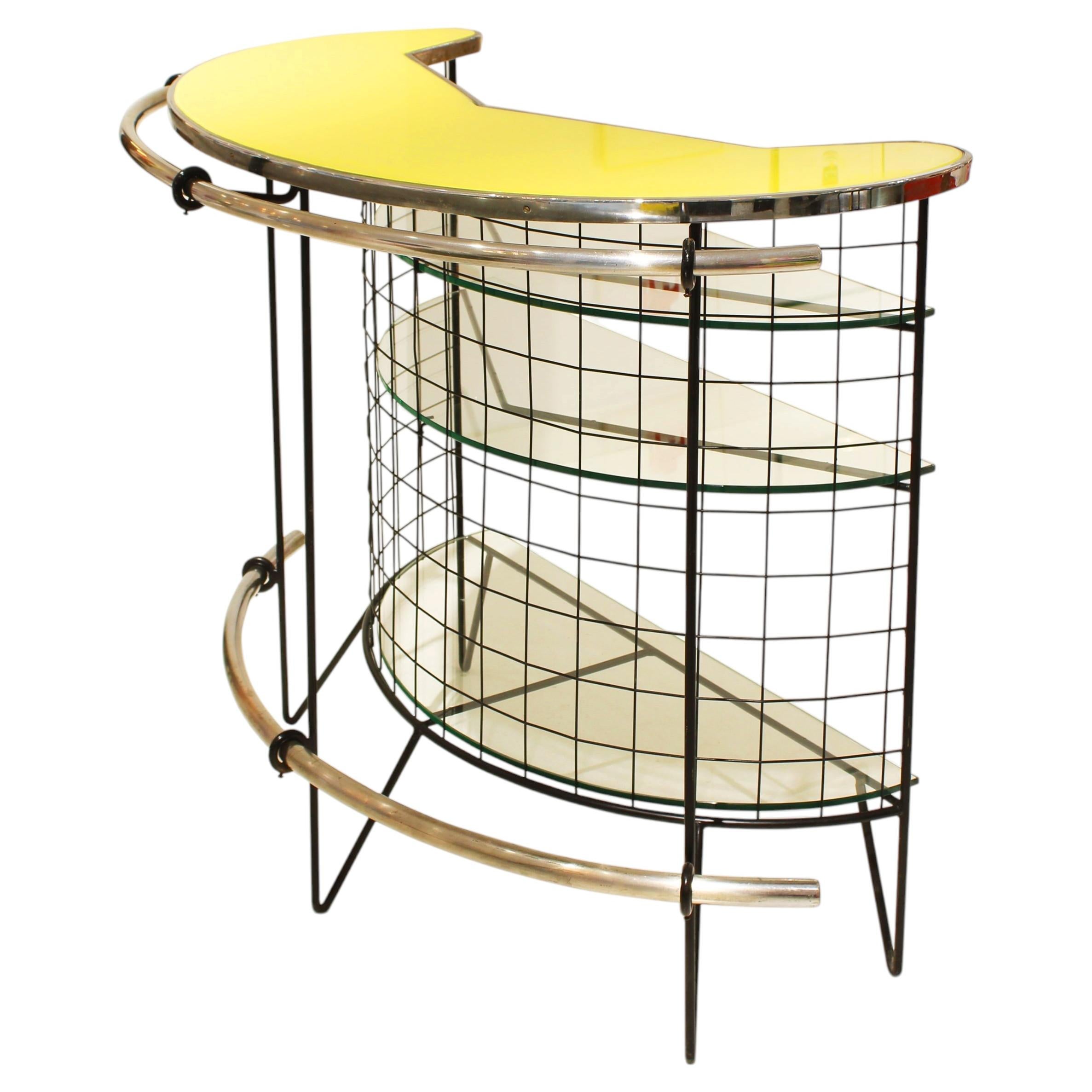 Mid-Century Curved Iron and Glass Bar with Yellow Glass Top, Italy, 1950 For Sale