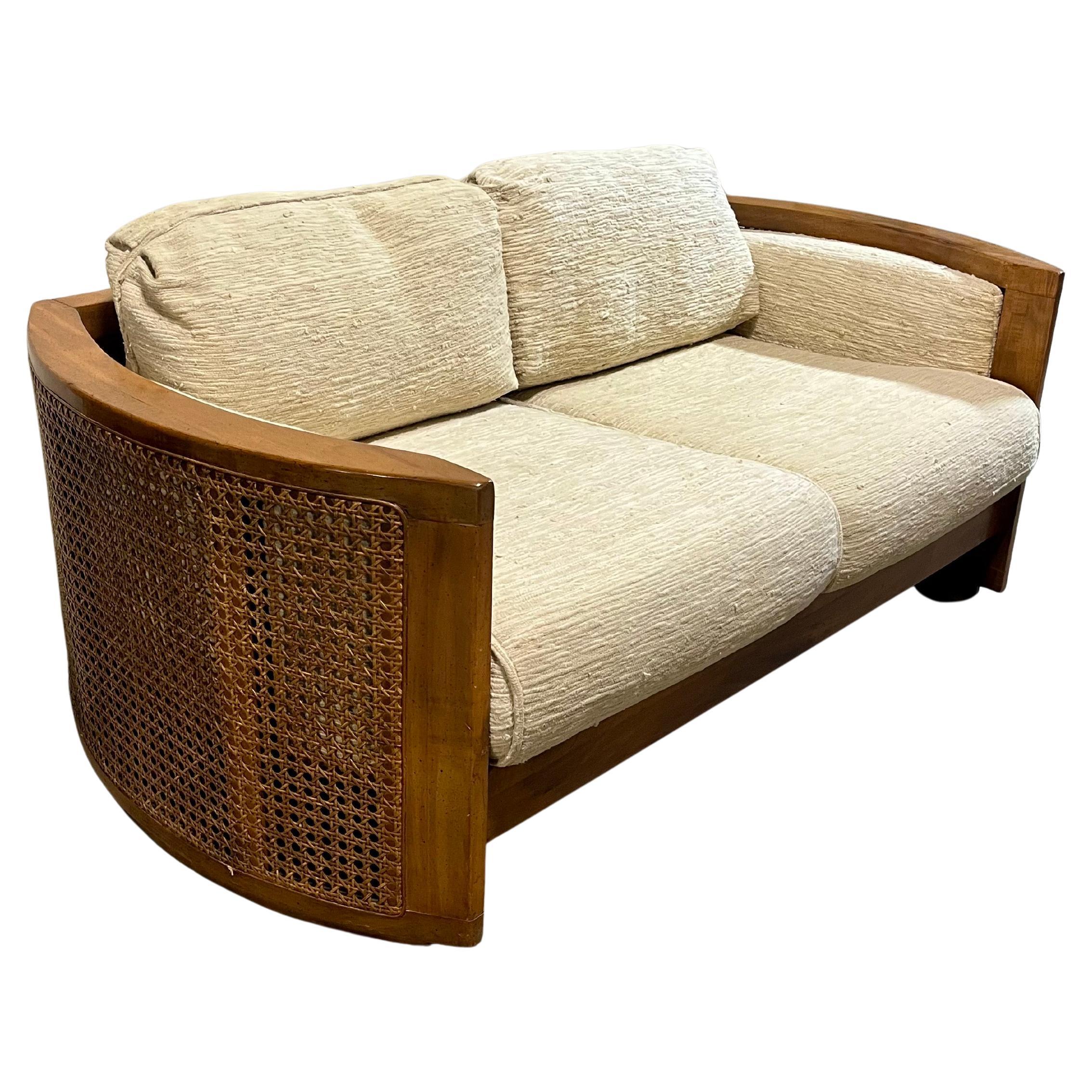 Mid Century Curved Oak and Cane Loveseat Sofa en vente