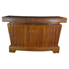 Mid-Century Curved Oak Dry Bar Cabinet with Carved Grapevines Wine Liquor 68"