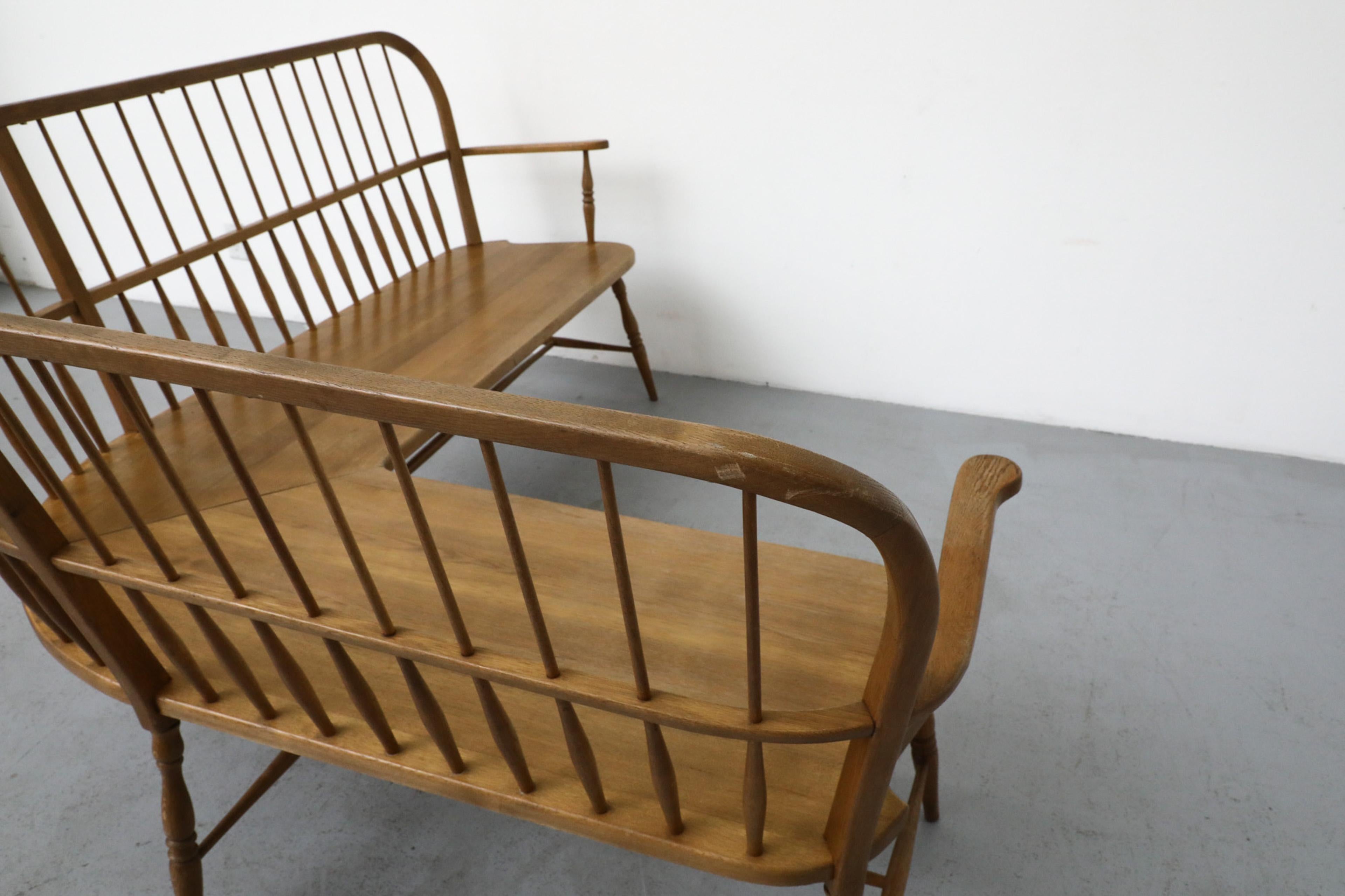 Mid-Century Curved Oak Greaves and Thomas Inspired Windsor Corner Bench 5