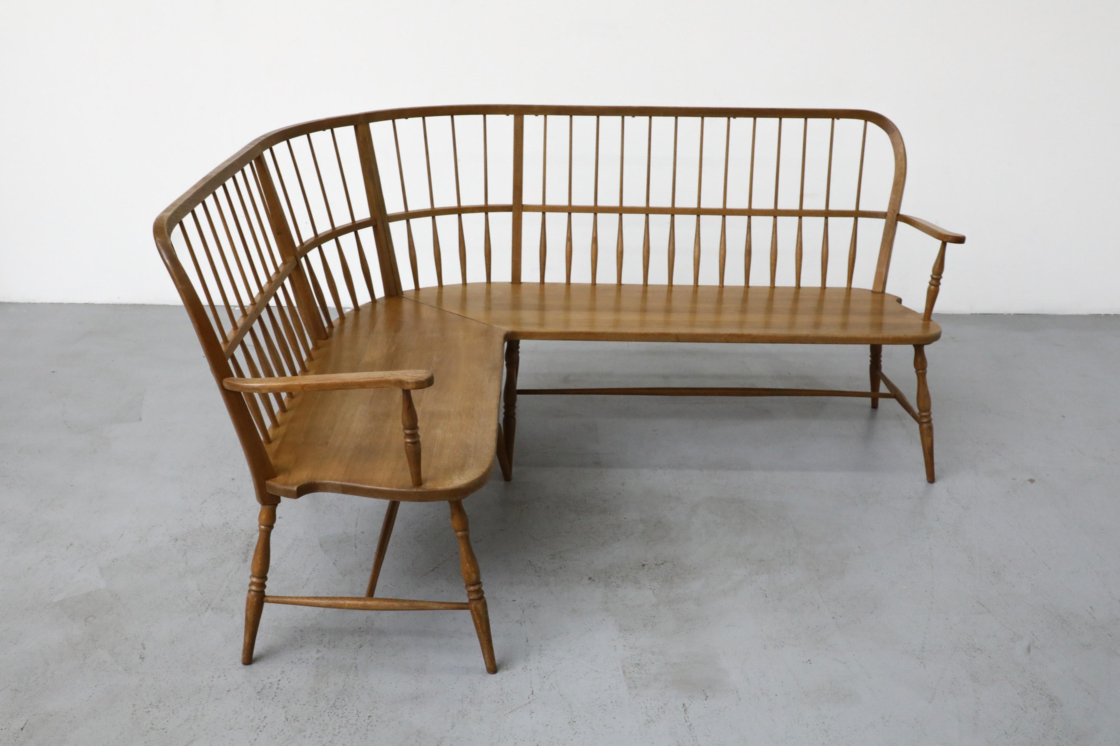 Mid-Century Curved Oak Greaves and Thomas Inspired Windsor Corner Bench 9