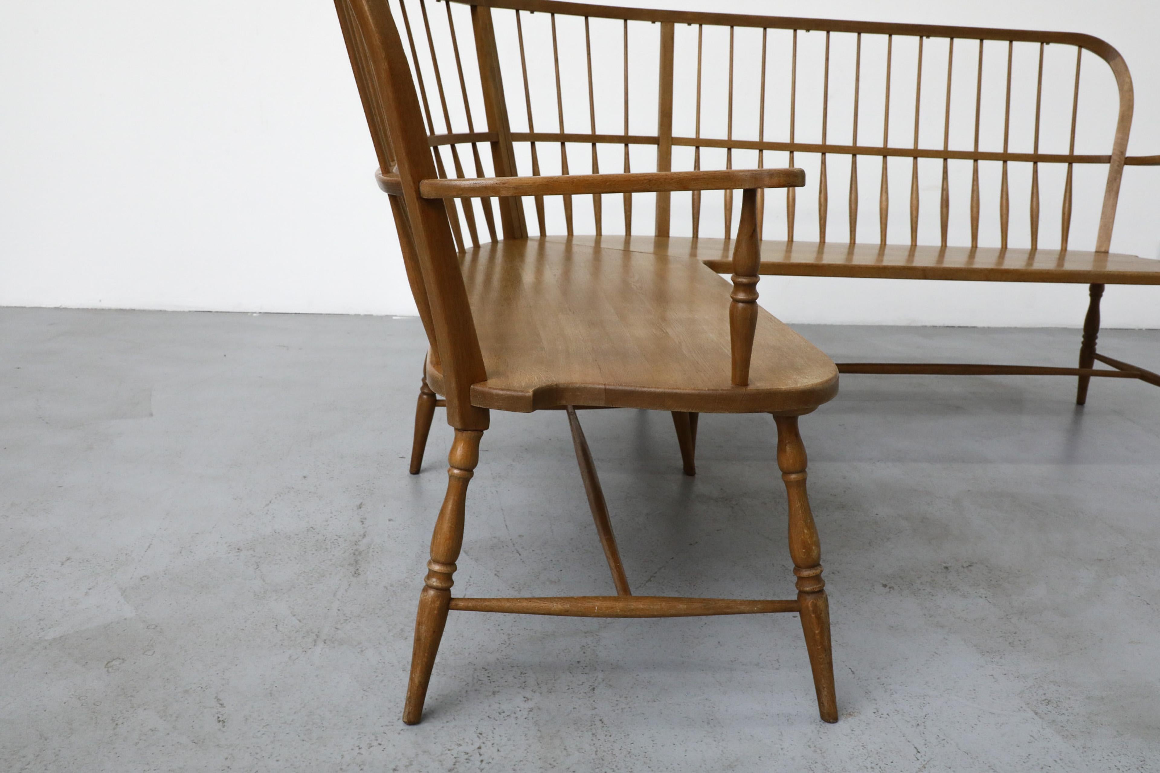 Mid-Century Curved Oak Greaves and Thomas Inspired Windsor Corner Bench 10