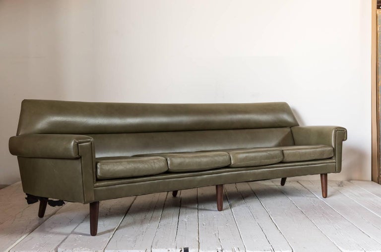 Midcentury Curved Olive Green Leather Sofa at 1stdibs