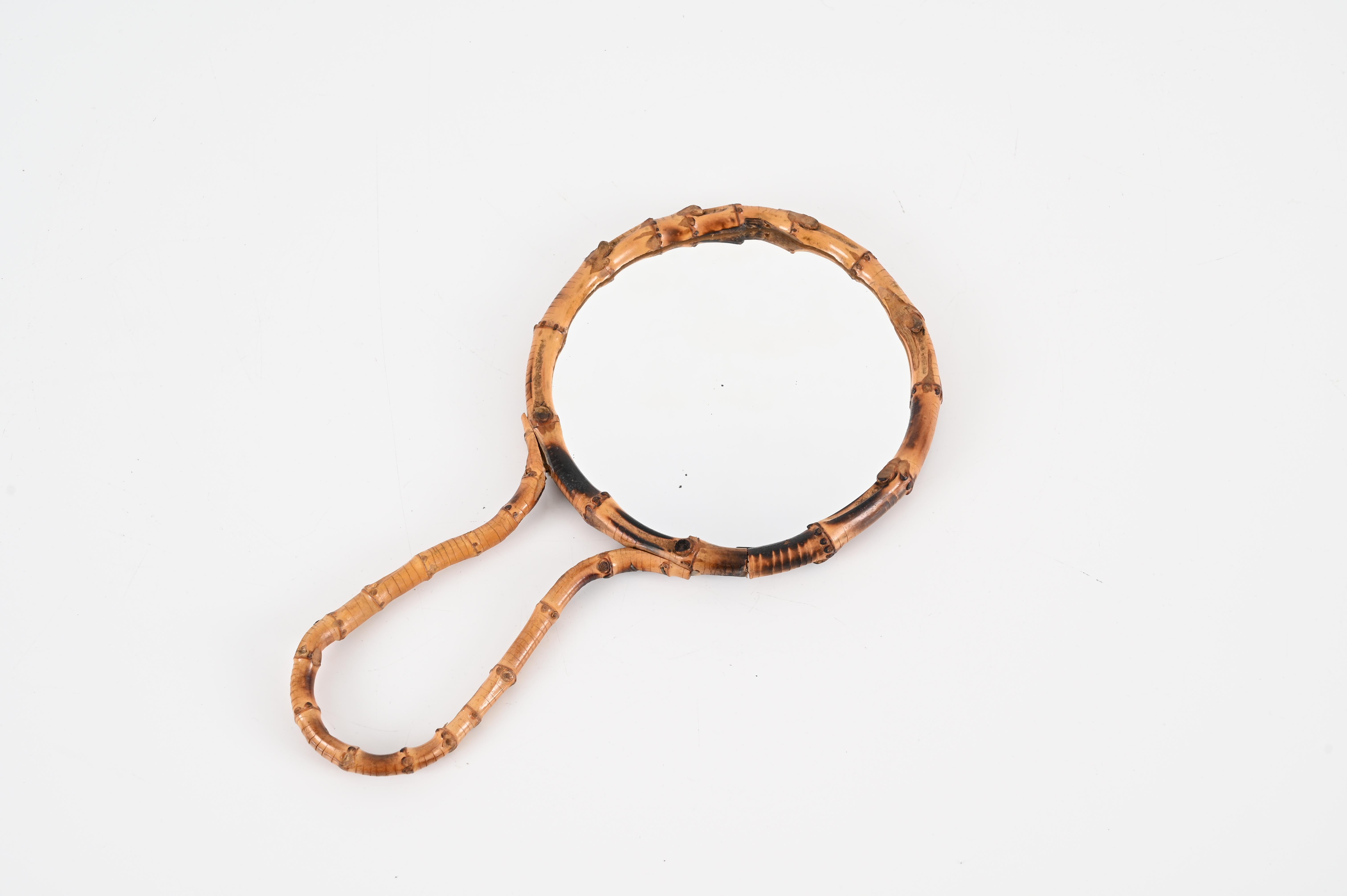 Mid-Century Curved Rattan Hand or Wall Mirror, Italy, 1960s For Sale 2