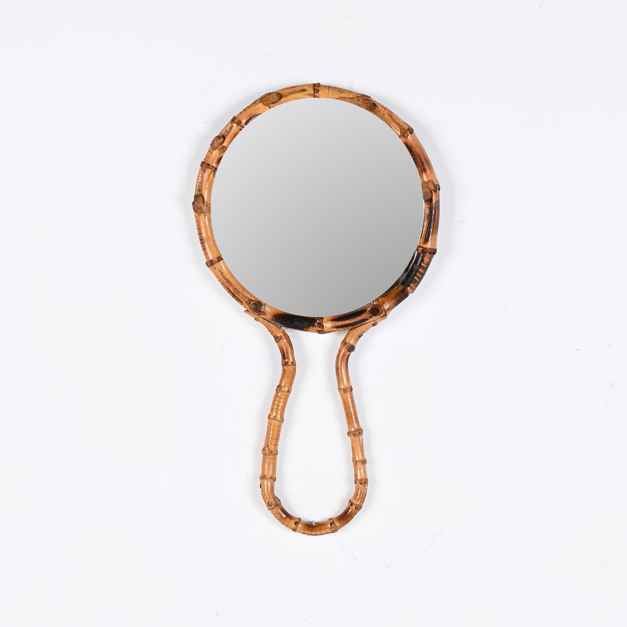 Mid-Century Curved Rattan Hand or Wall Mirror, Italy, 1960s For Sale 5