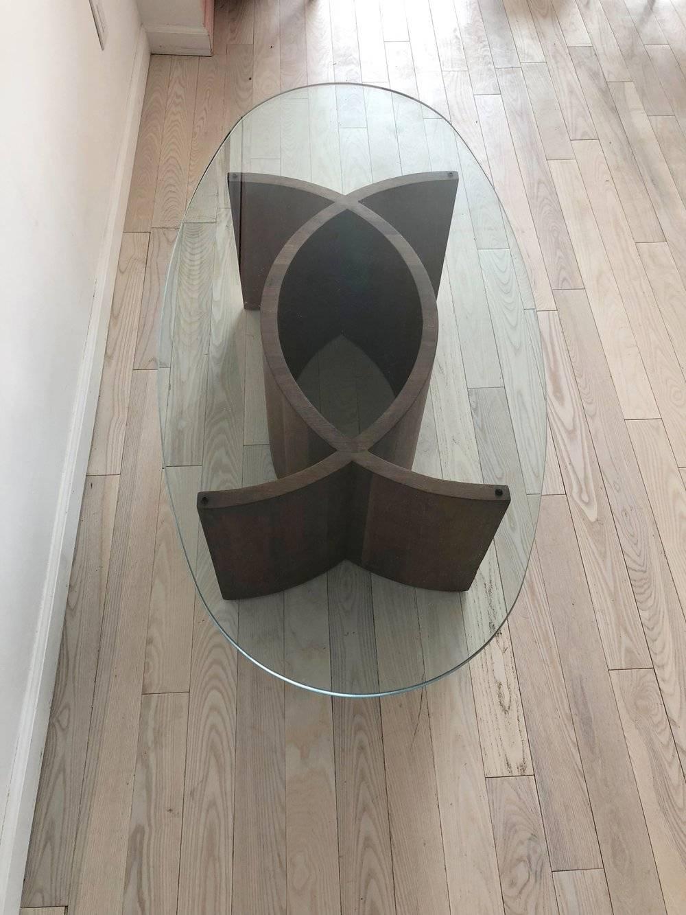 American Midcentury Curved Sculptural Walnut and Glass Coffee Table