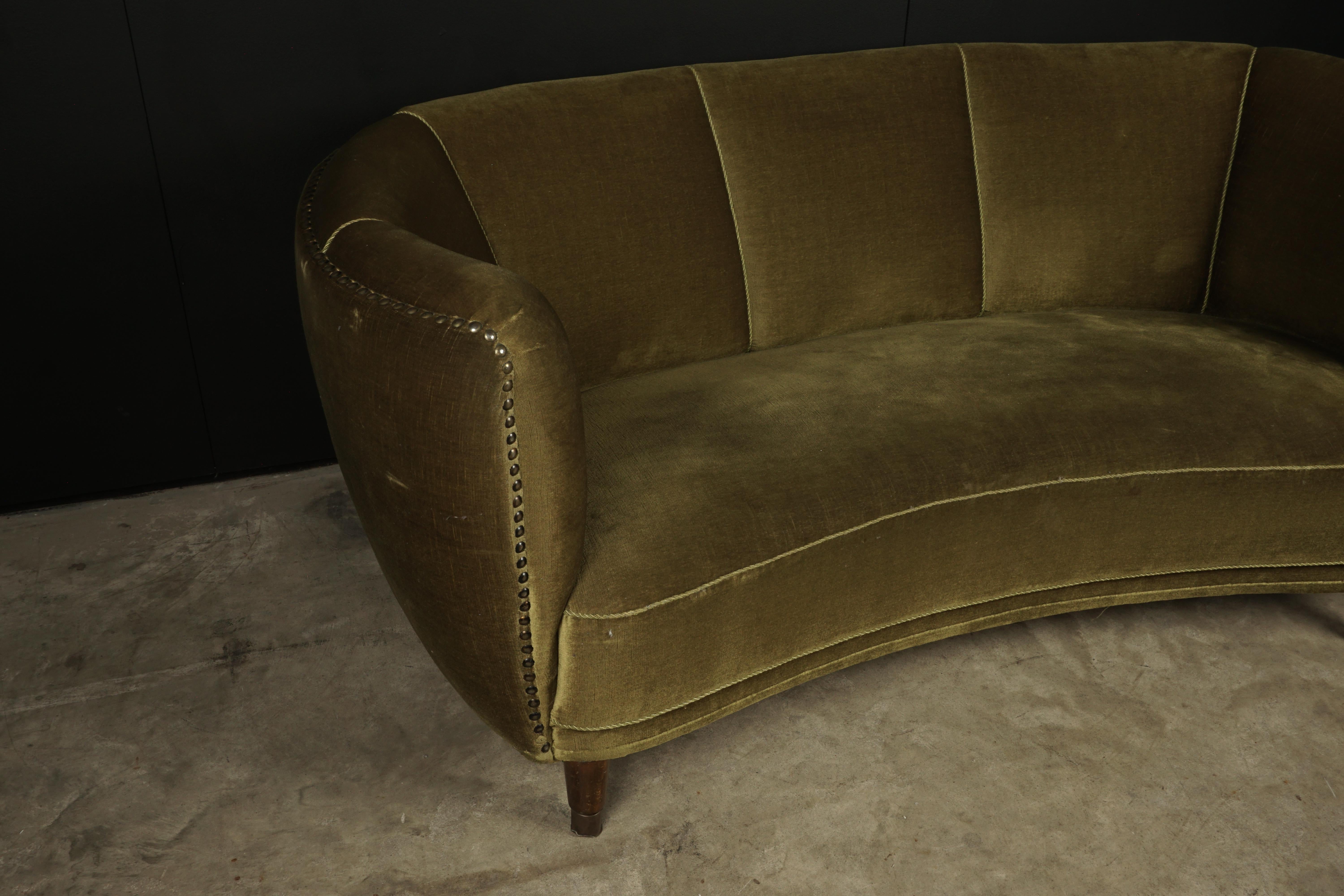 European Midcentury Curved Velour Sofa from Denmark, 1950s