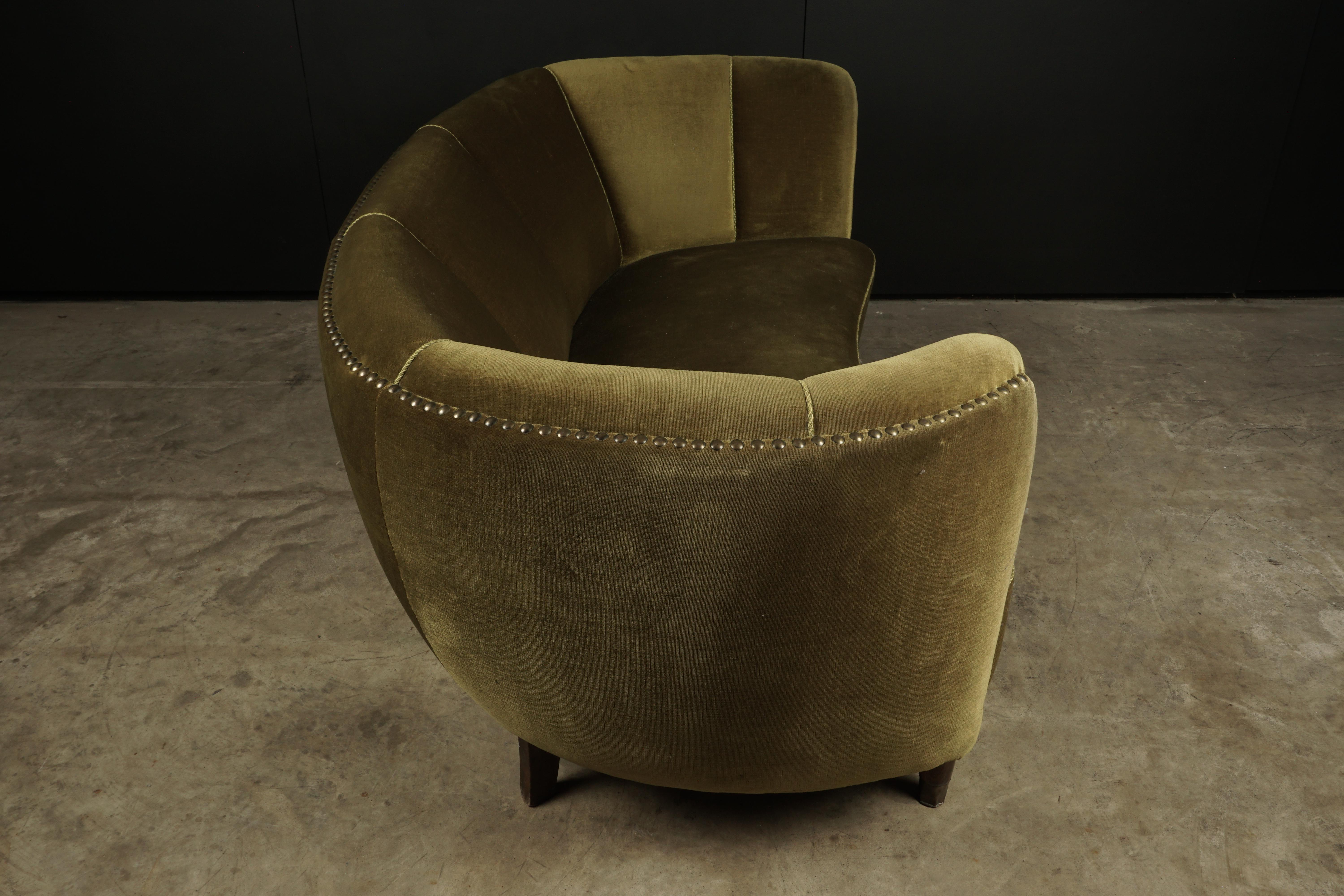 Upholstery Midcentury Curved Velour Sofa from Denmark, 1950s