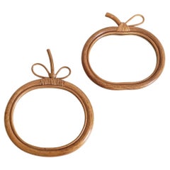 Mid-Century Curved Wood and Rattan Apple Shaped Pair of Mirrors, France, 1960s