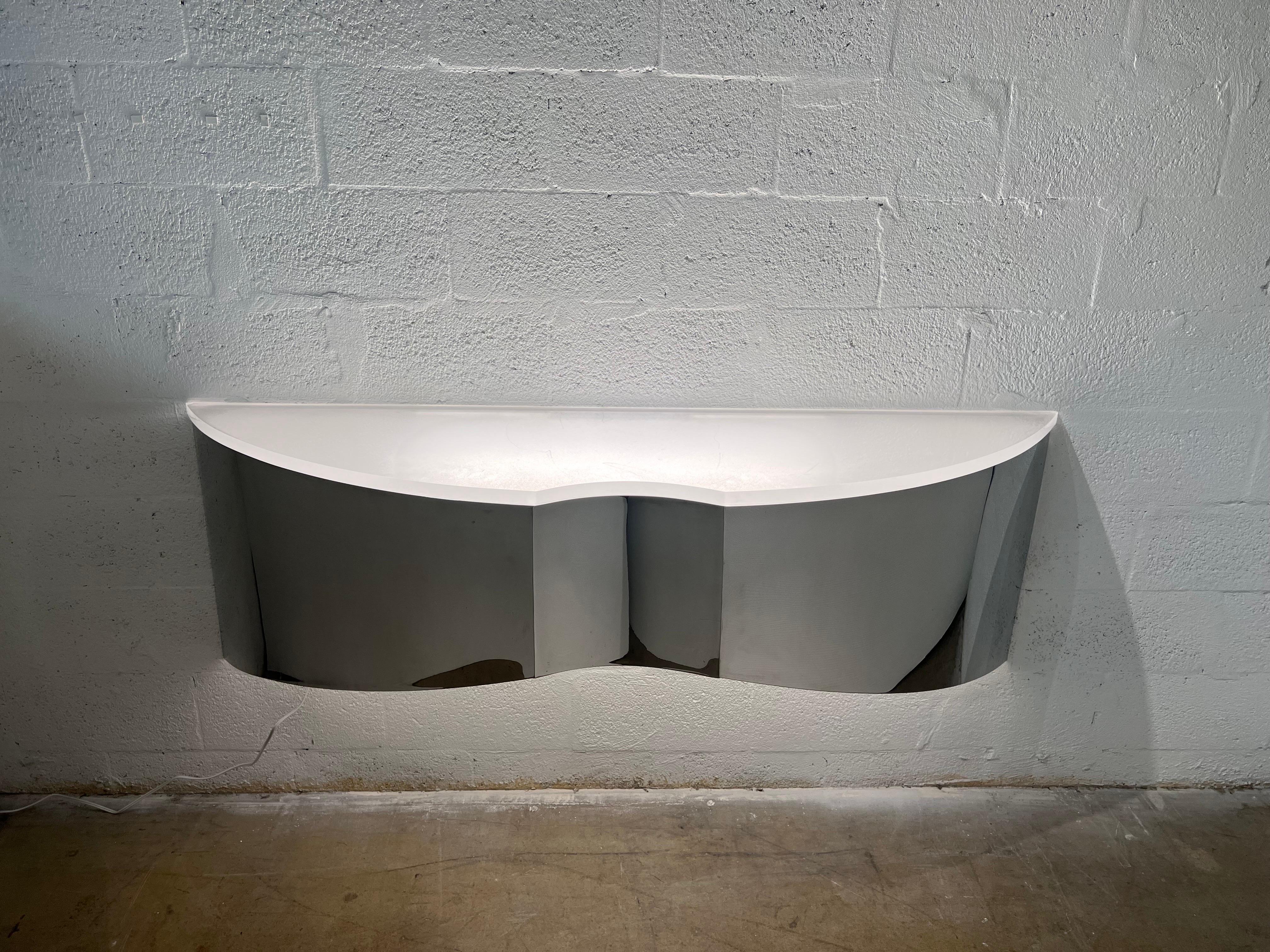 Mid-Century Custom Polished Steel and Frosted Lucite Illuminated Floating Shelf For Sale 8