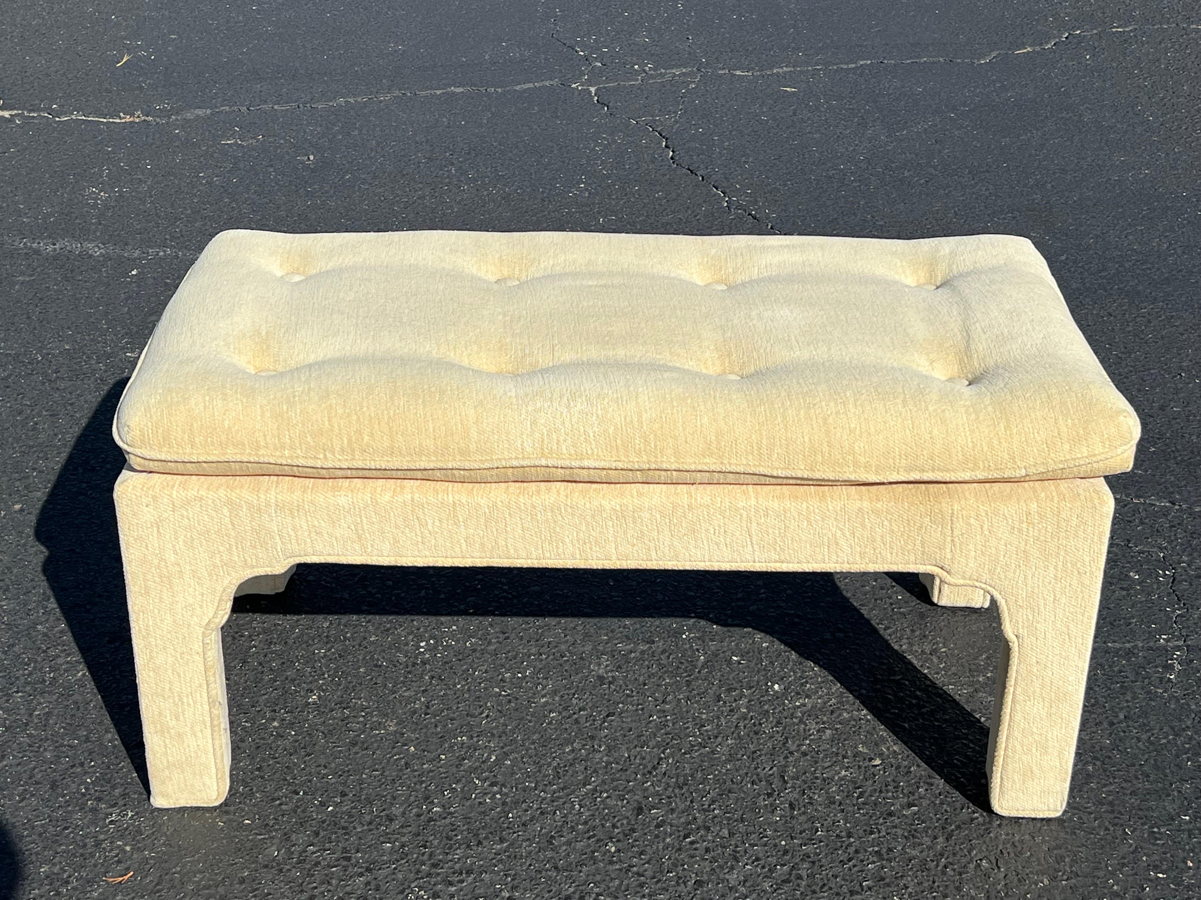 Mid Century Custom Upholstered Bench. 1980's stye with a parsons shape but upholstered to the floor. Classic chenille upholstery in a neutral cream color. Perfect for at the foot of a bed .
