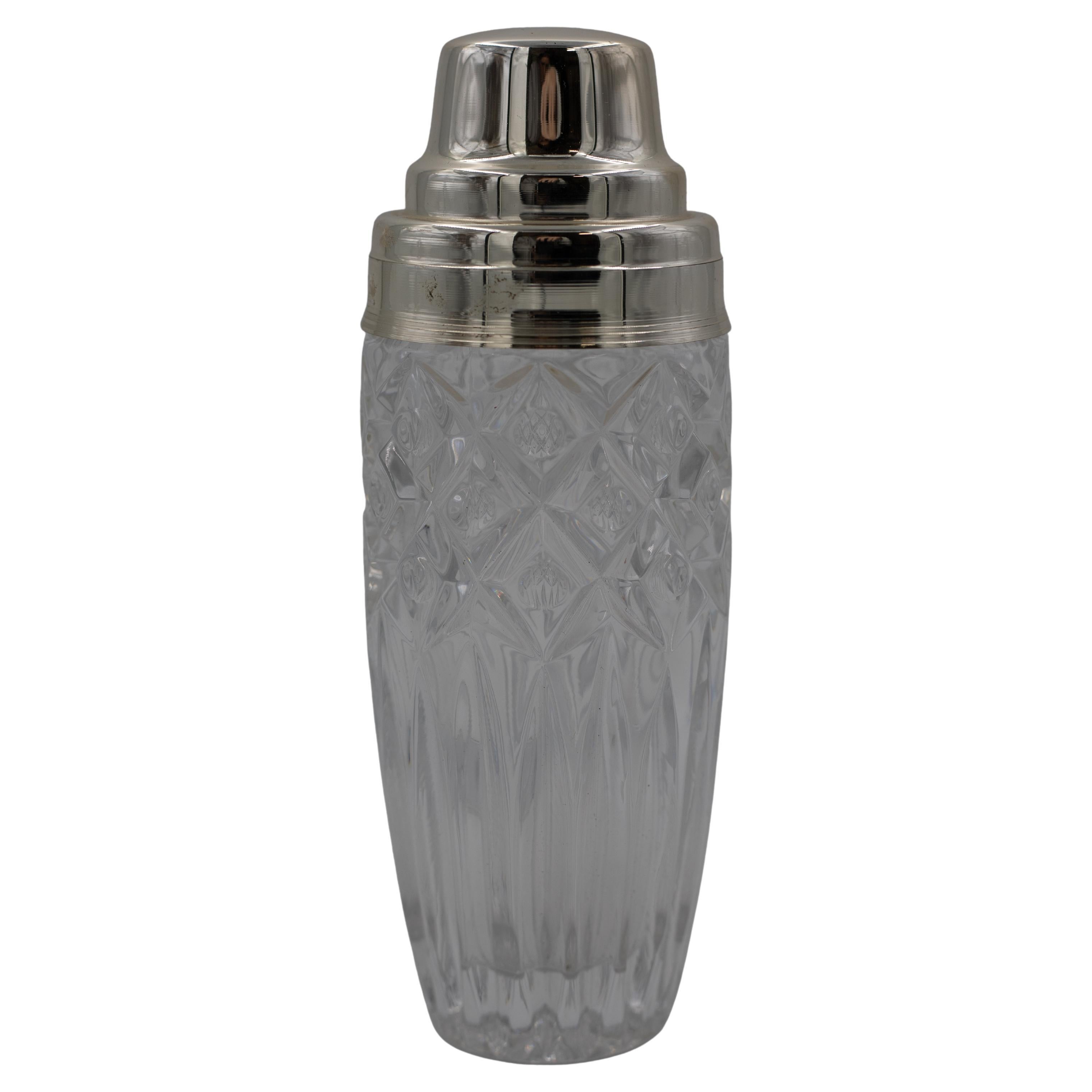 Mid-Century Cut Crystal Cocktail Shaker with Silver-Plated Top