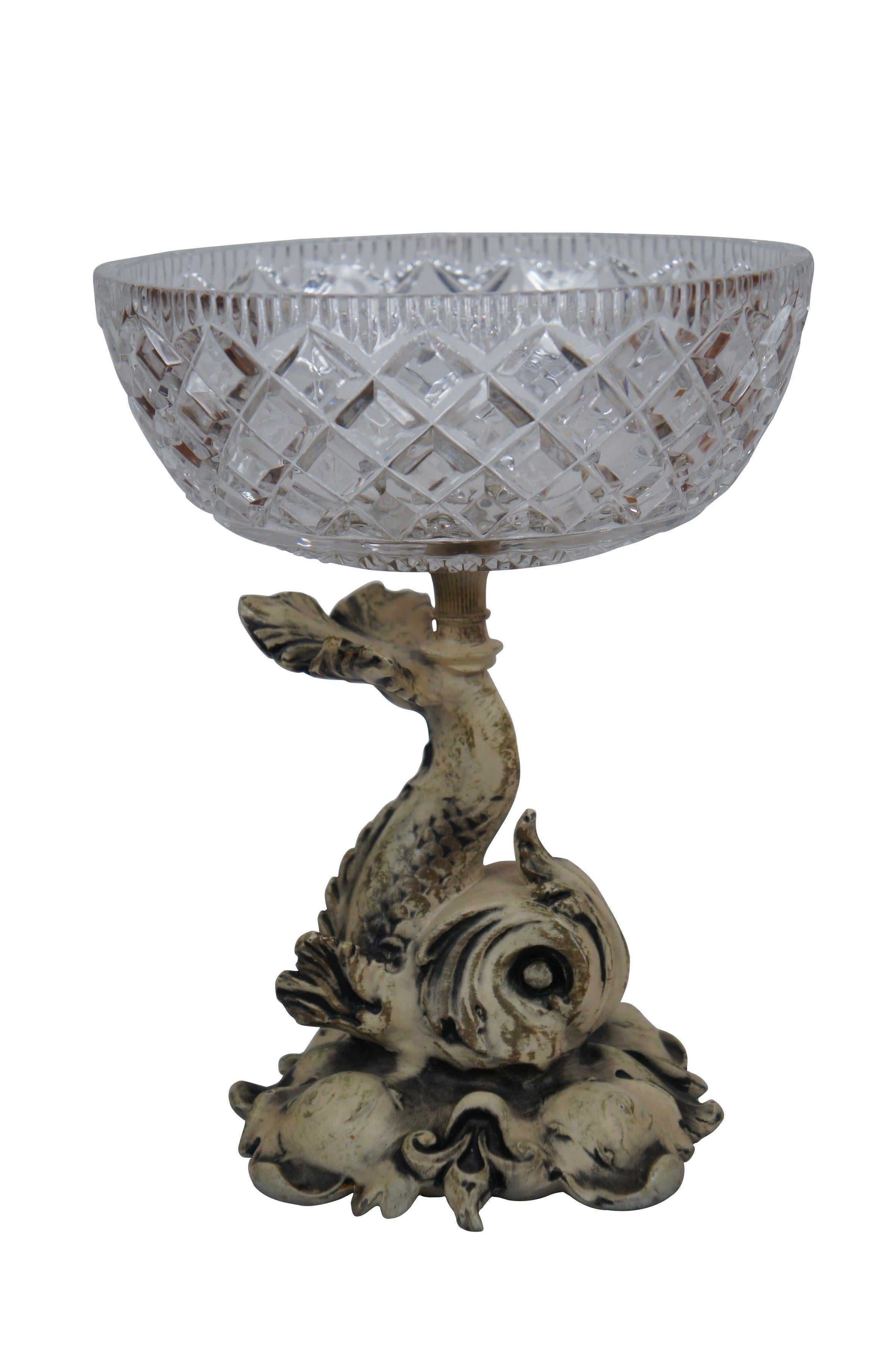 Empire Mid Century Cut Crystal & Metal Delphin Dolphin Centerpiece Compote Bowls 10