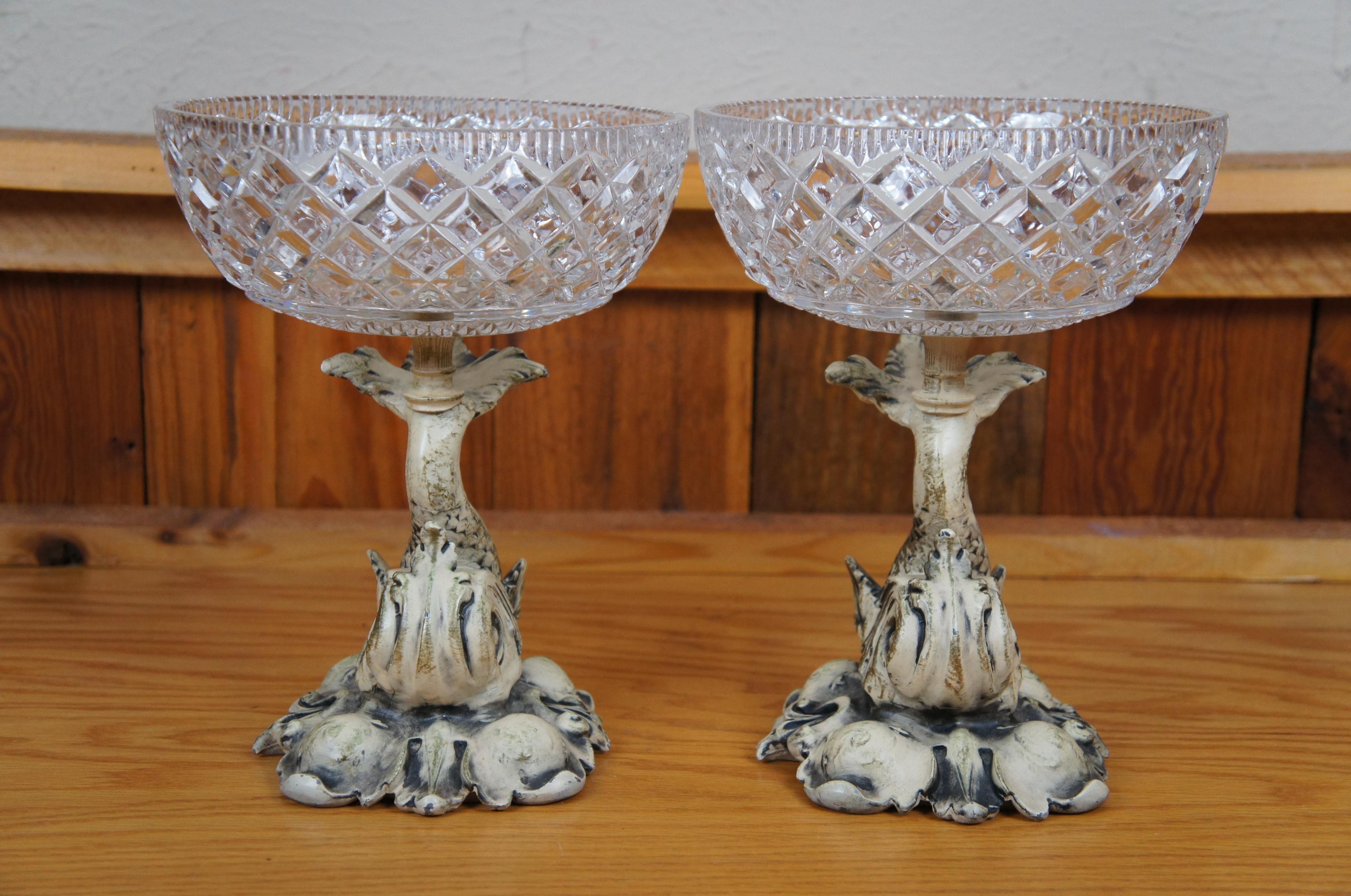 Mid Century Cut Crystal & Metal Delphin Dolphin Centerpiece Compote Bowls 10