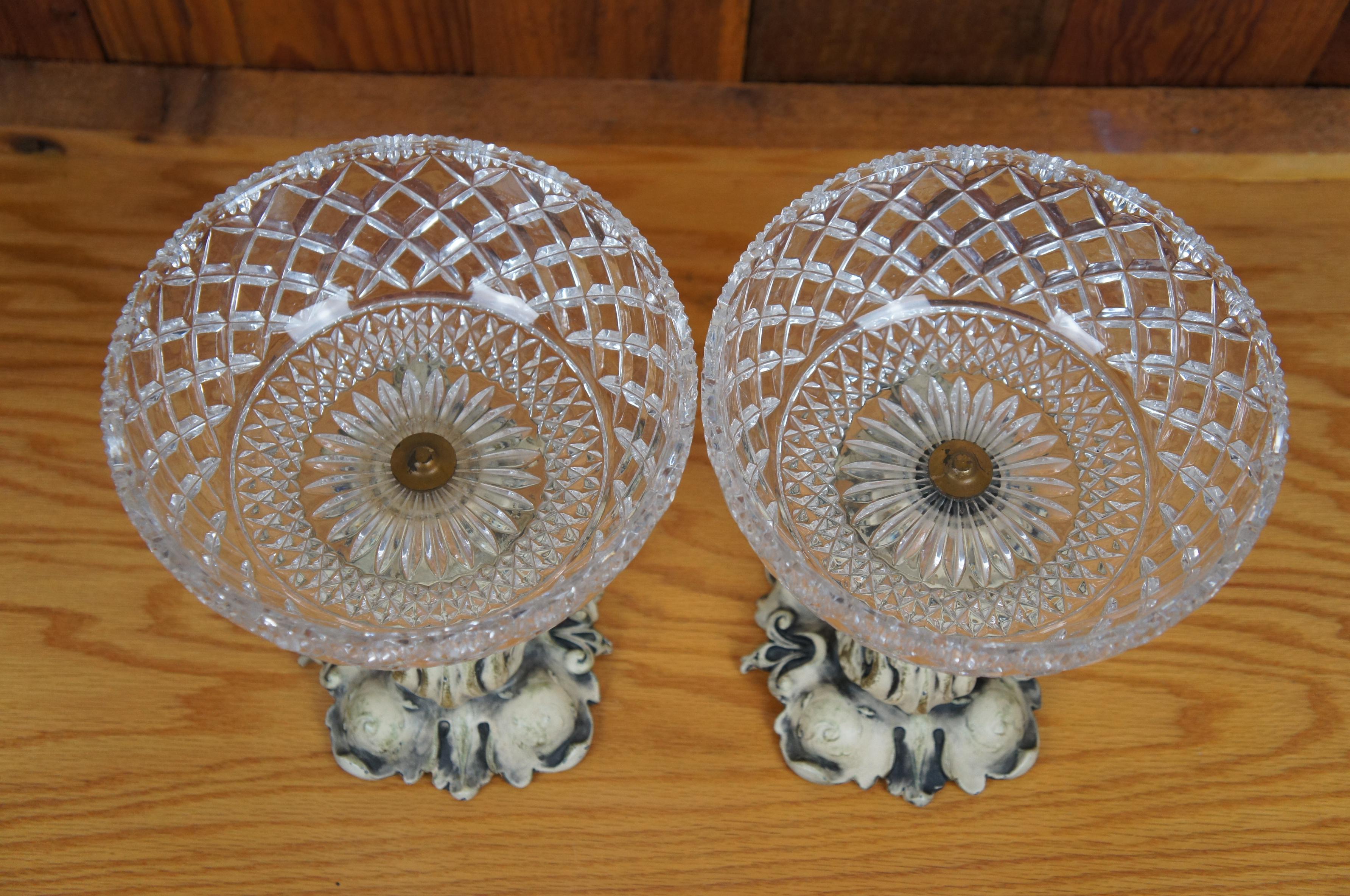 20th Century Mid Century Cut Crystal & Metal Delphin Dolphin Centerpiece Compote Bowls 10