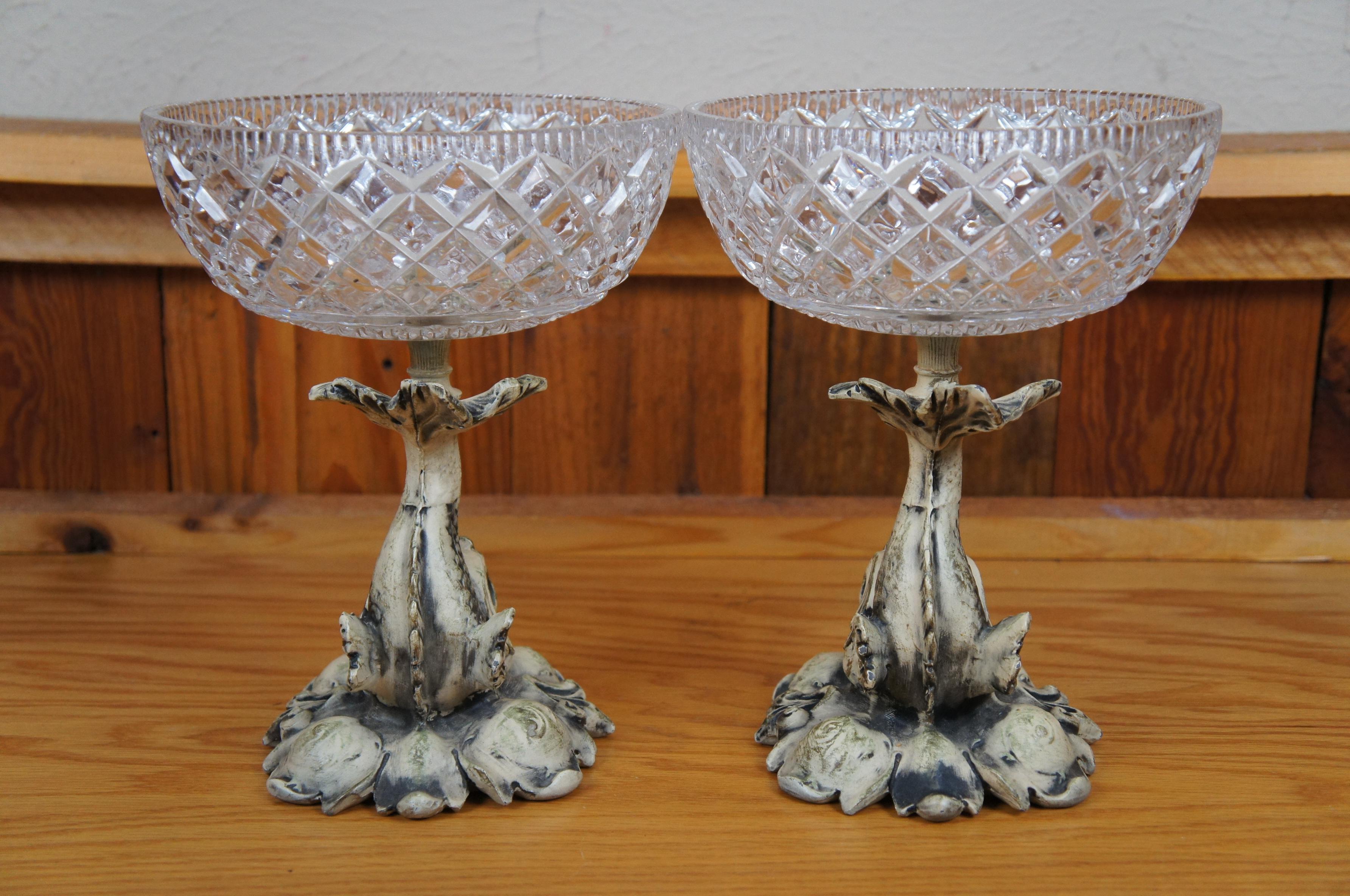 Mid Century Cut Crystal & Metal Delphin Dolphin Centerpiece Compote Bowls 10