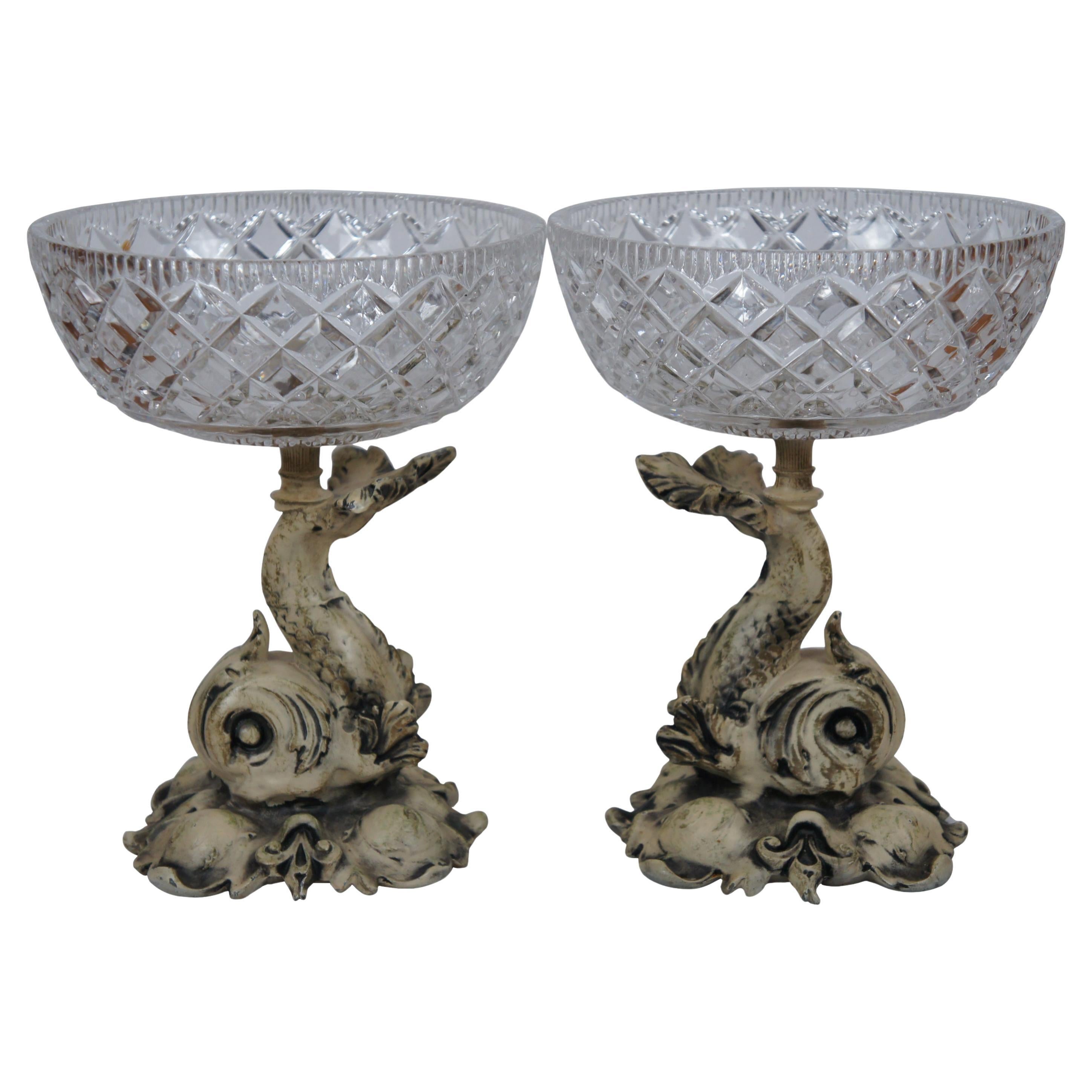 Bols à compote de centre de table en cristal taillé et métal de Delphin et dauphin de 10 pouces
