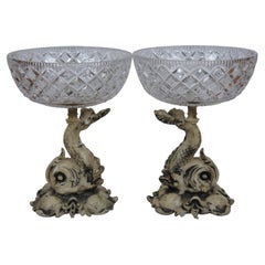 Centro de mesa de cristal tallado y metal de mediados de siglo Delfín Compote Bowls 10"
