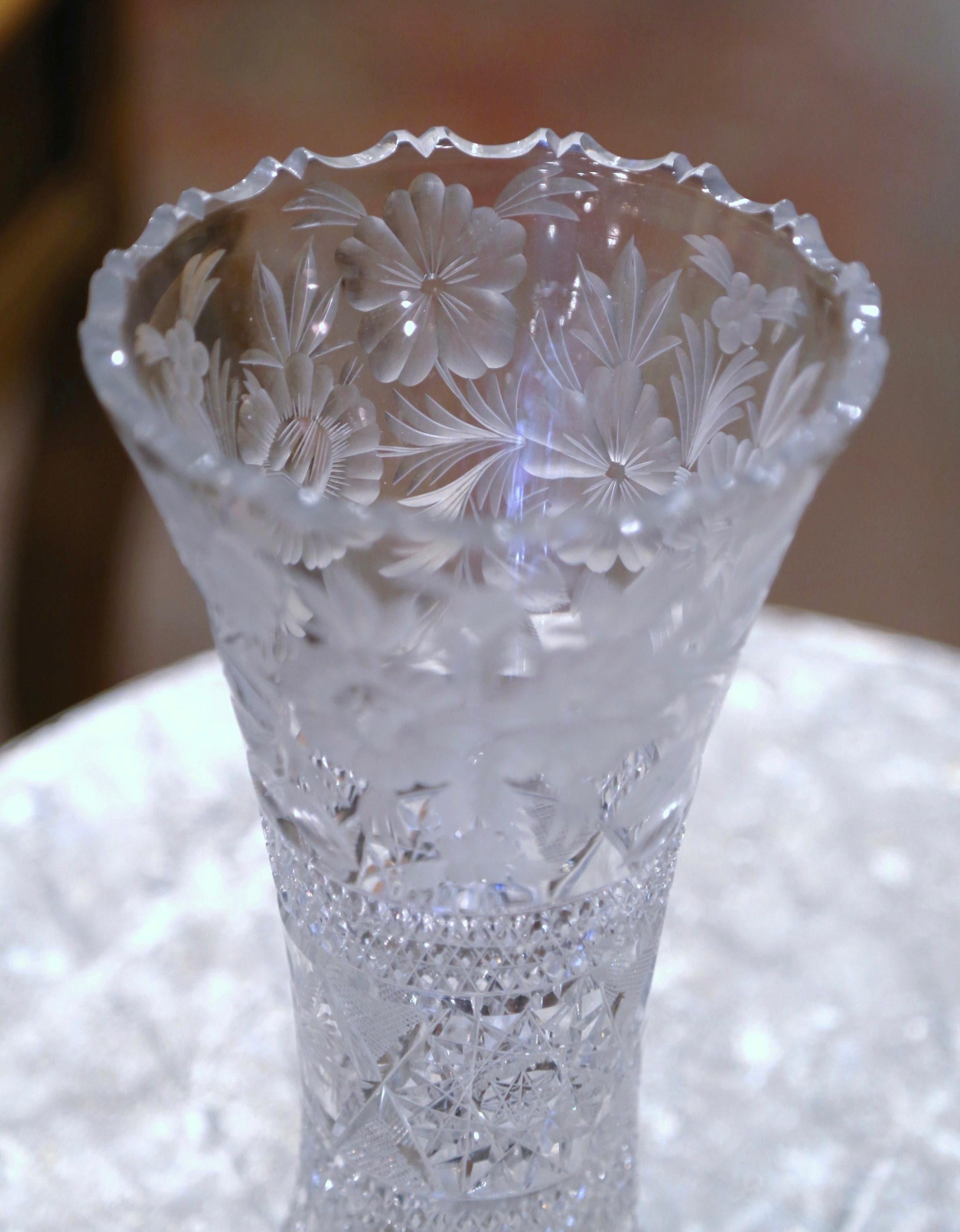 French Mid-Century Cut Crystal Trumpet Vase with Geometric Star and Floral Motifs For Sale