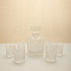 Mid-Century Cut Crystal Whiskey Service with Carafe, Stopper, Six Glasses
