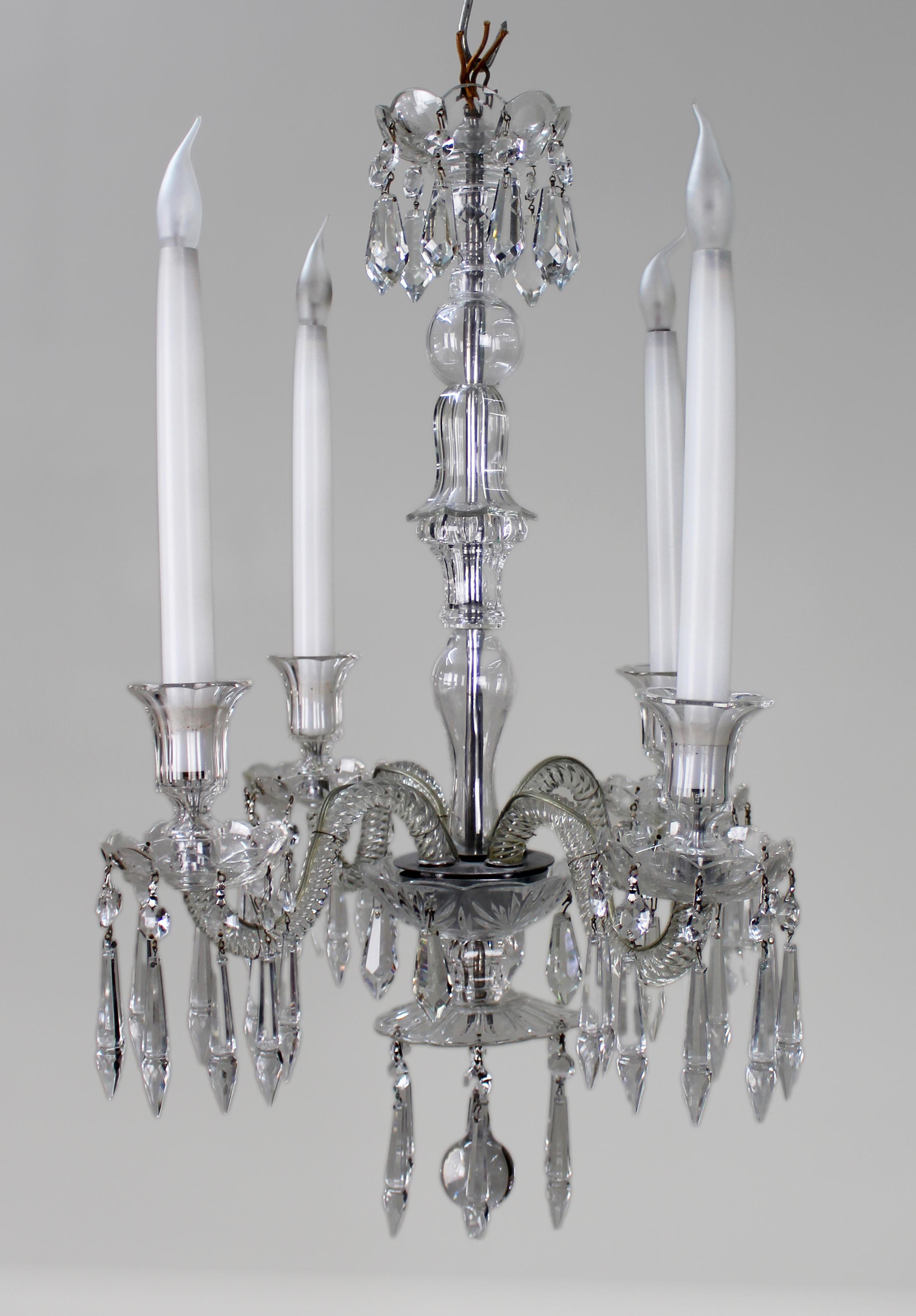 Mid-Century Cut Glass and Crystal Four-Arm Chandelier, c.1950
An elegant and finely made four-arm chandelier, dating to the mid-20th century, of refined proportion and excellent clarity. The central baluster column is composed of hand-cut glass
