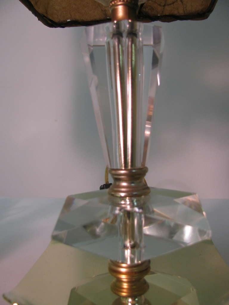 Brass Mid Century Cut Glass Crystal Table Lamps With Original Shades