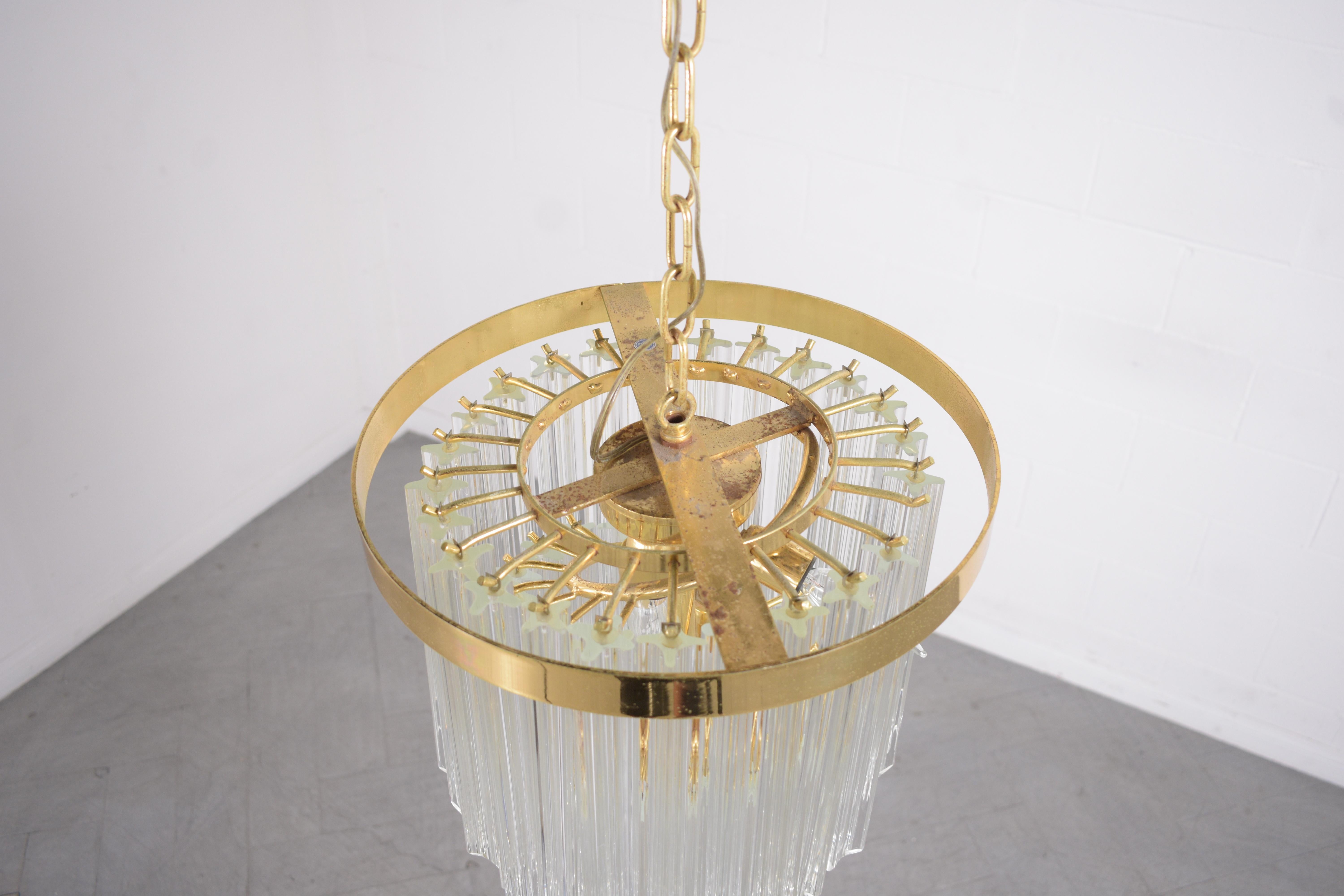 Restored Vintage Brass and Glass Drop Pendant Chandelier with Spiral Pattern In Good Condition For Sale In Los Angeles, CA