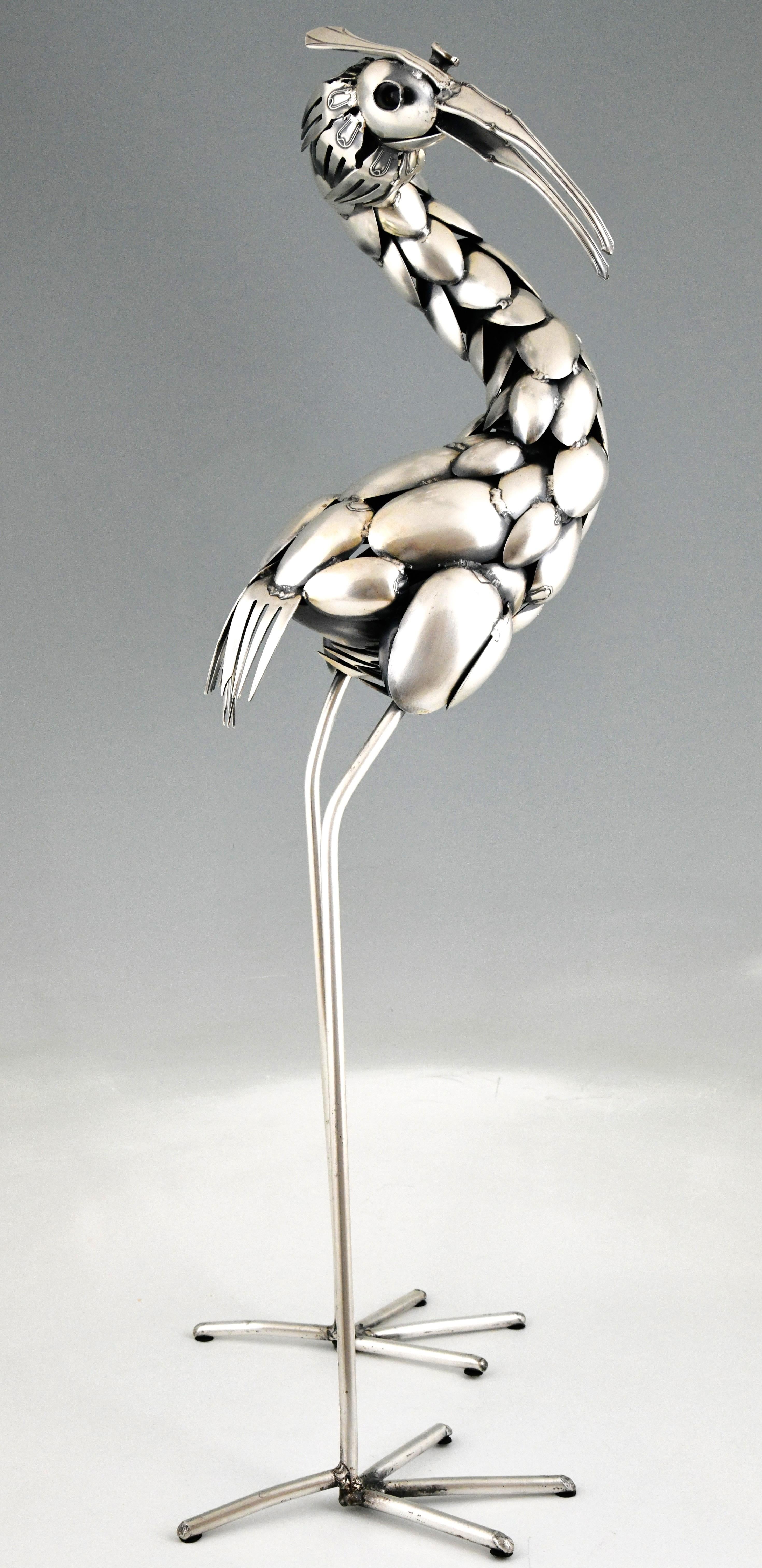 Métal Sculpture de couverts d'un oiseau héron Gerard Bouvier