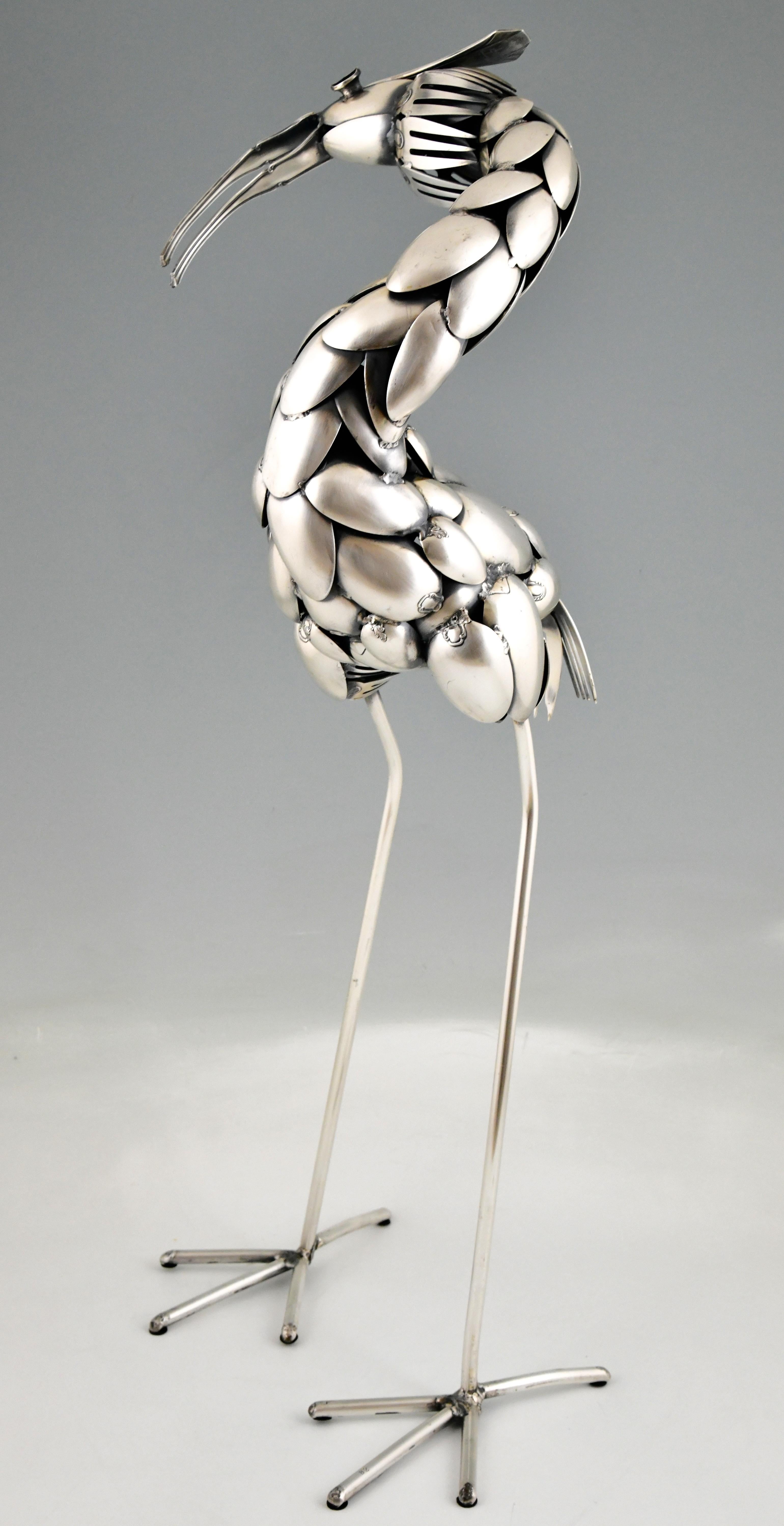 Français Sculpture de couverts d'un oiseau héron Gerard Bouvier