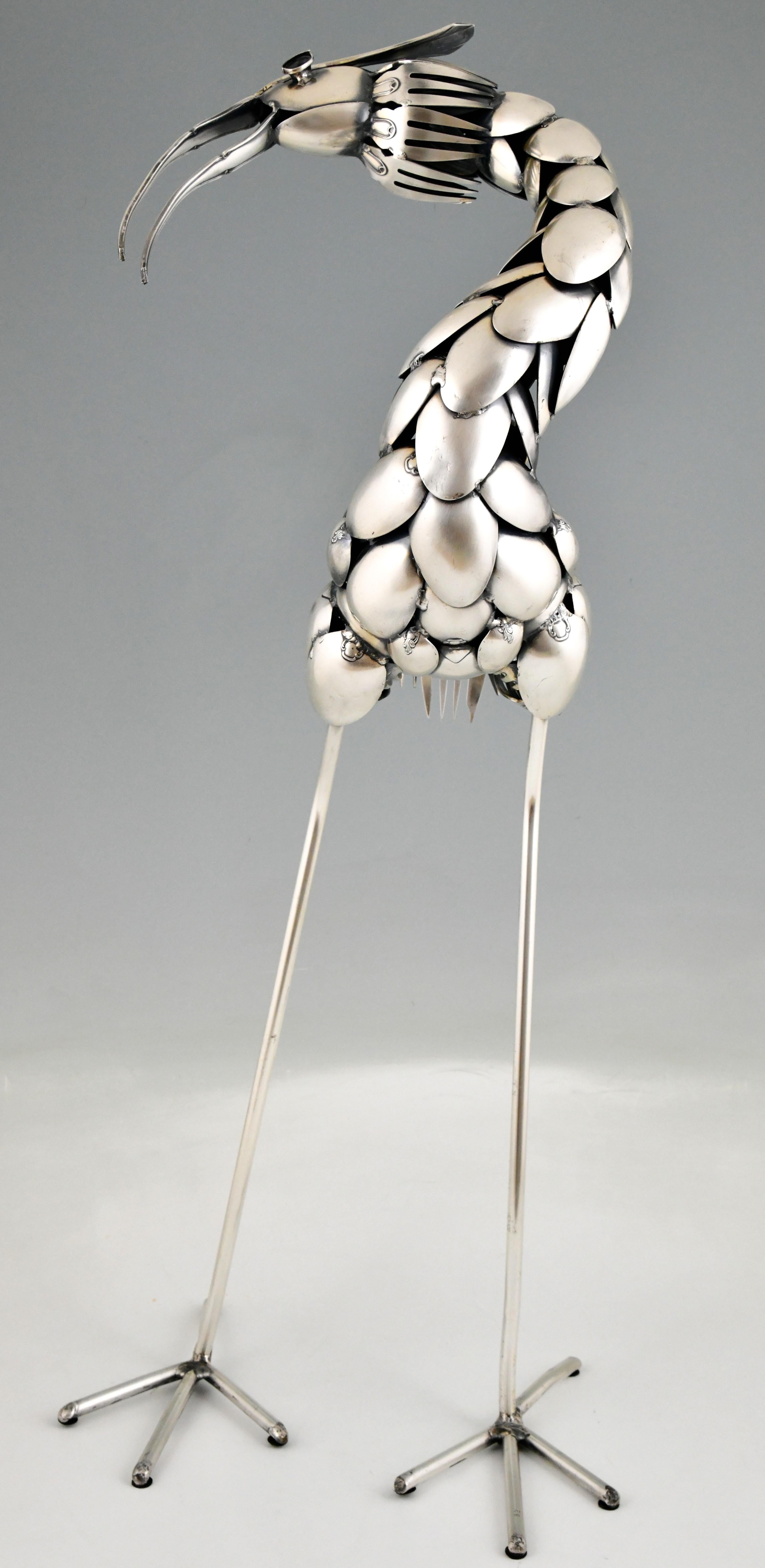 Argenté Sculpture de couverts d'un oiseau héron Gerard Bouvier