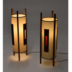 Mid-Century Cylinder Shaped Tripod Lamps with Red, Orange, Blue Panels