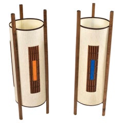 Mid-Century Cylinder Shaped Tripod Lamps with Red, Orange, Blue Panels