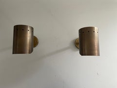 Mid-century Cylindrical Brass Pair of Sconces with Antique Finish, 1950s, Italy