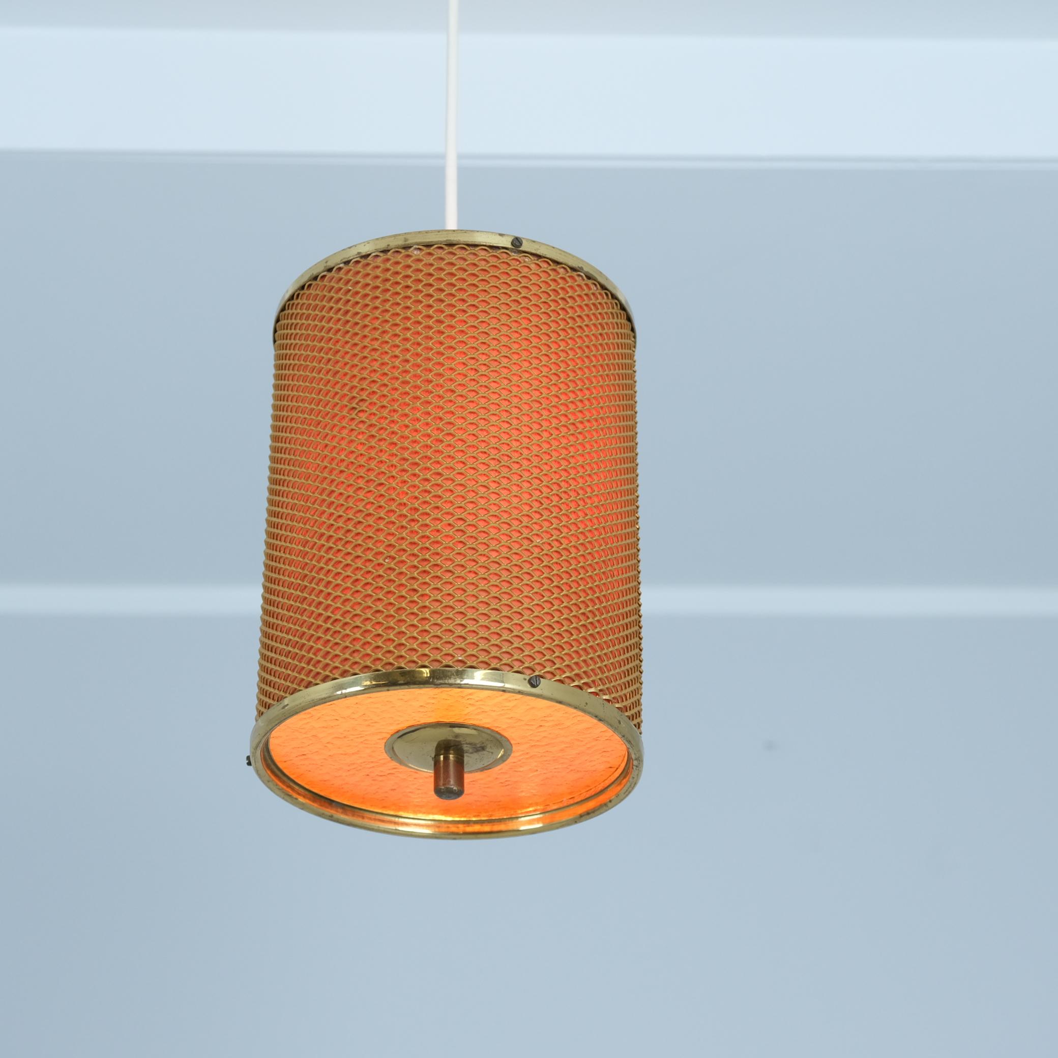 Finnish Mid-Century Cylindrical Valinte Pendant 2210 in Brass & Paper, Finland 1950 For Sale