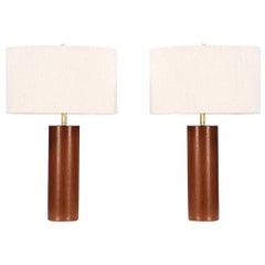 Mid-Century Cylindrical Walnut Table Lamps