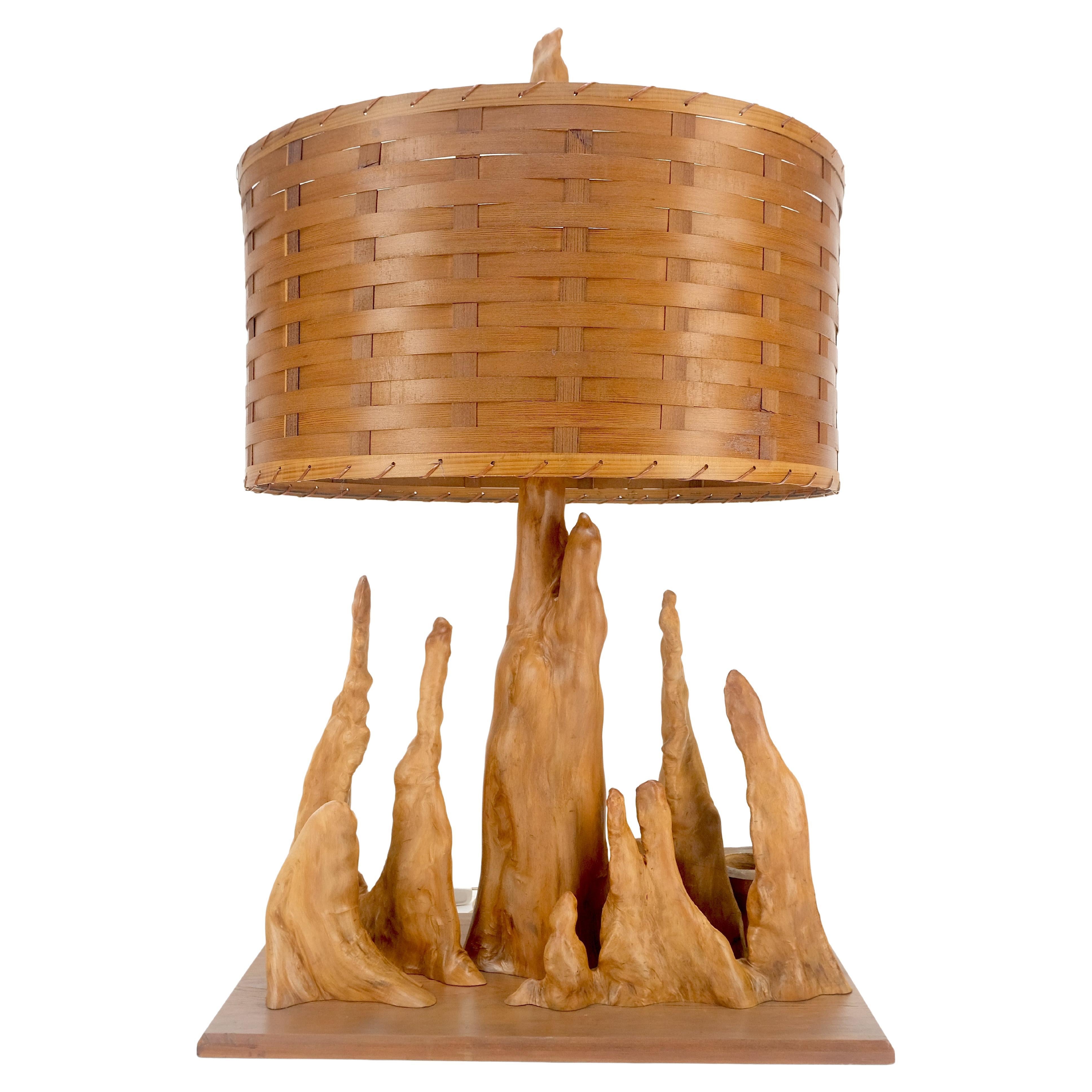 Mid Century Cyprus Root Driftwood Style Backet Weave Shape Shade Table Lamp MINT