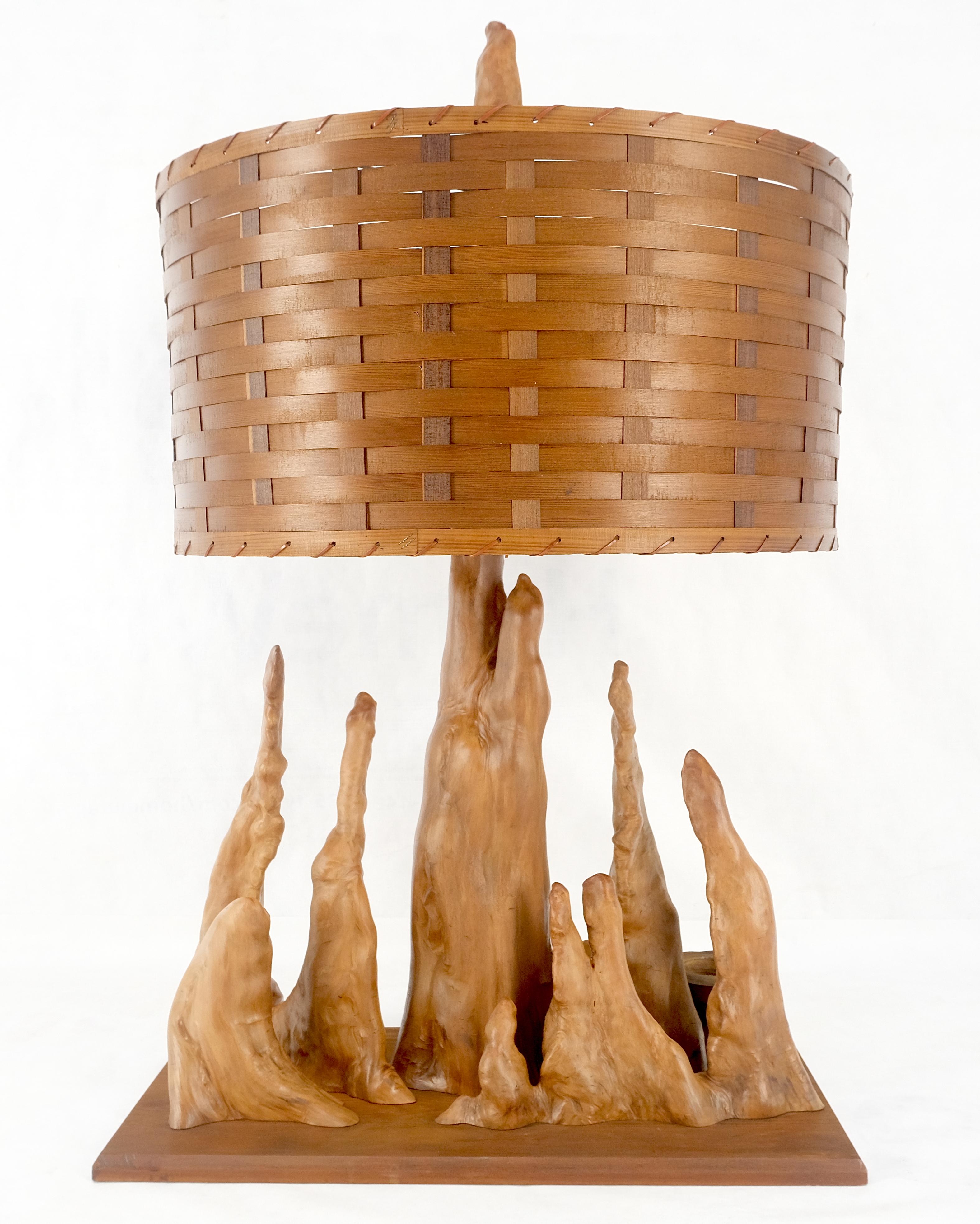 Mid Century Cypres Root Driftwood Style Backet Weave Shape Shade Table Lamp MINT In Good Condition For Sale In Rockaway, NJ