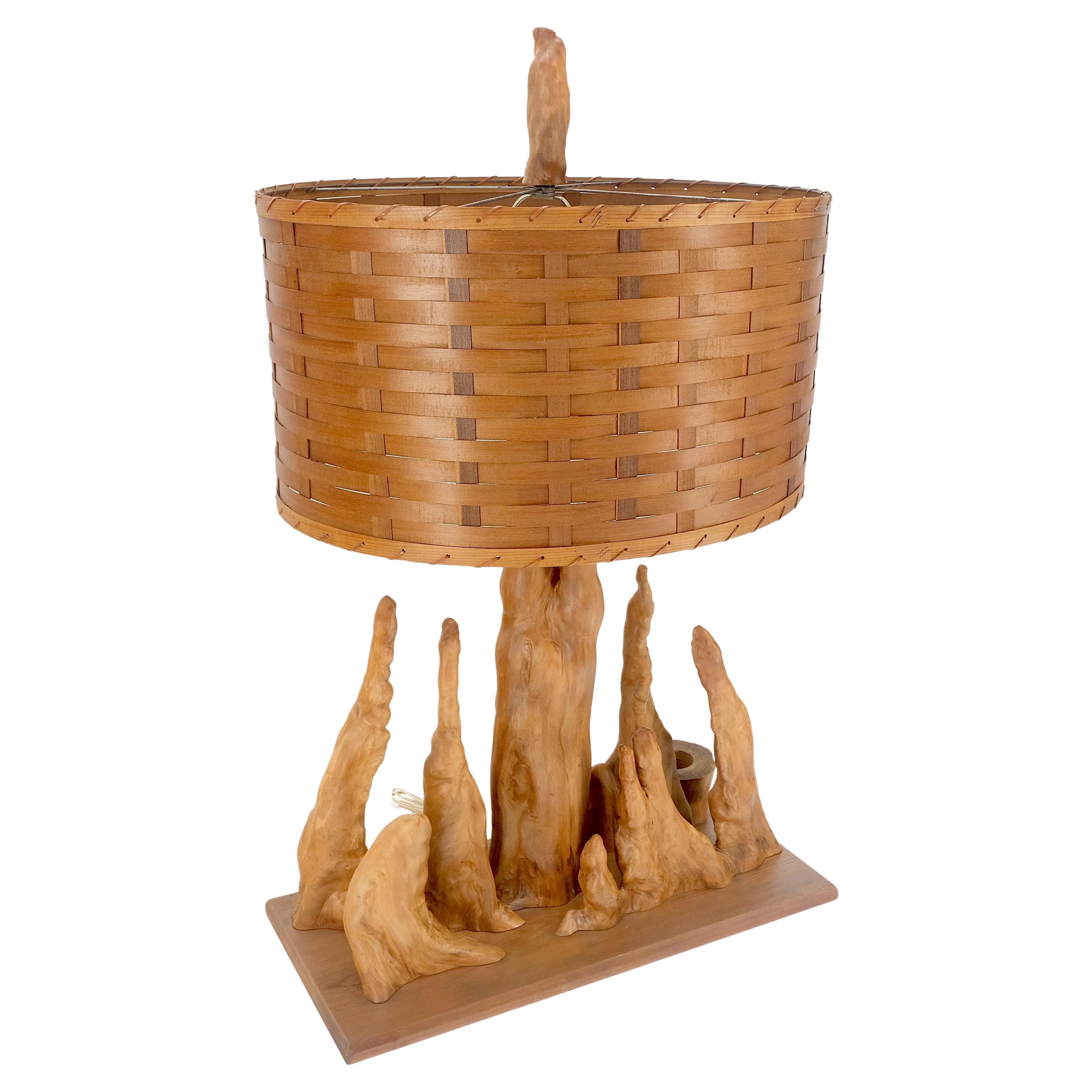 Mid Century Cypres Root Driftwood Style Backet Weave Shape Shade Table Lamp MINT For Sale