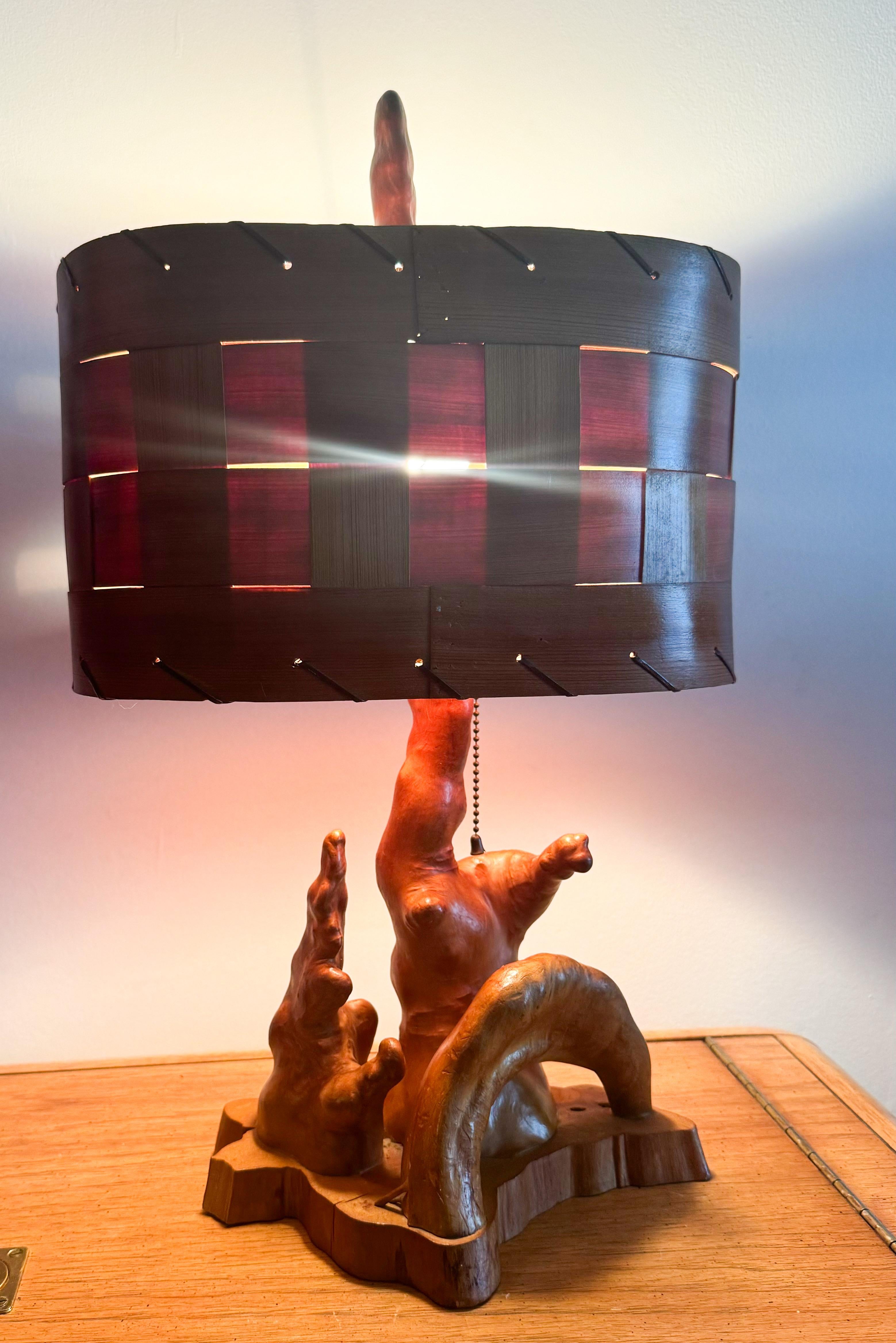 Mid-Century Cypress Knees Sculptural Table Lamp with Woven Wooden Shade, 1960s For Sale 4